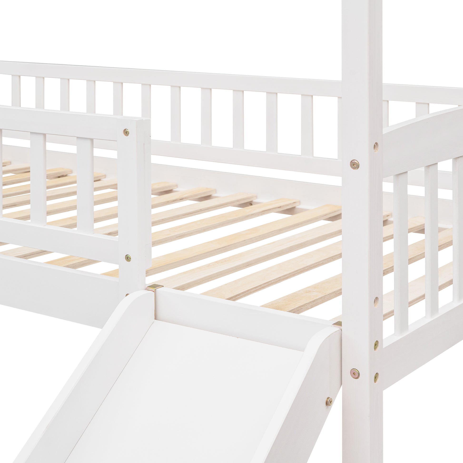 White wooden twin house bed frame with integrated slide and slatted base