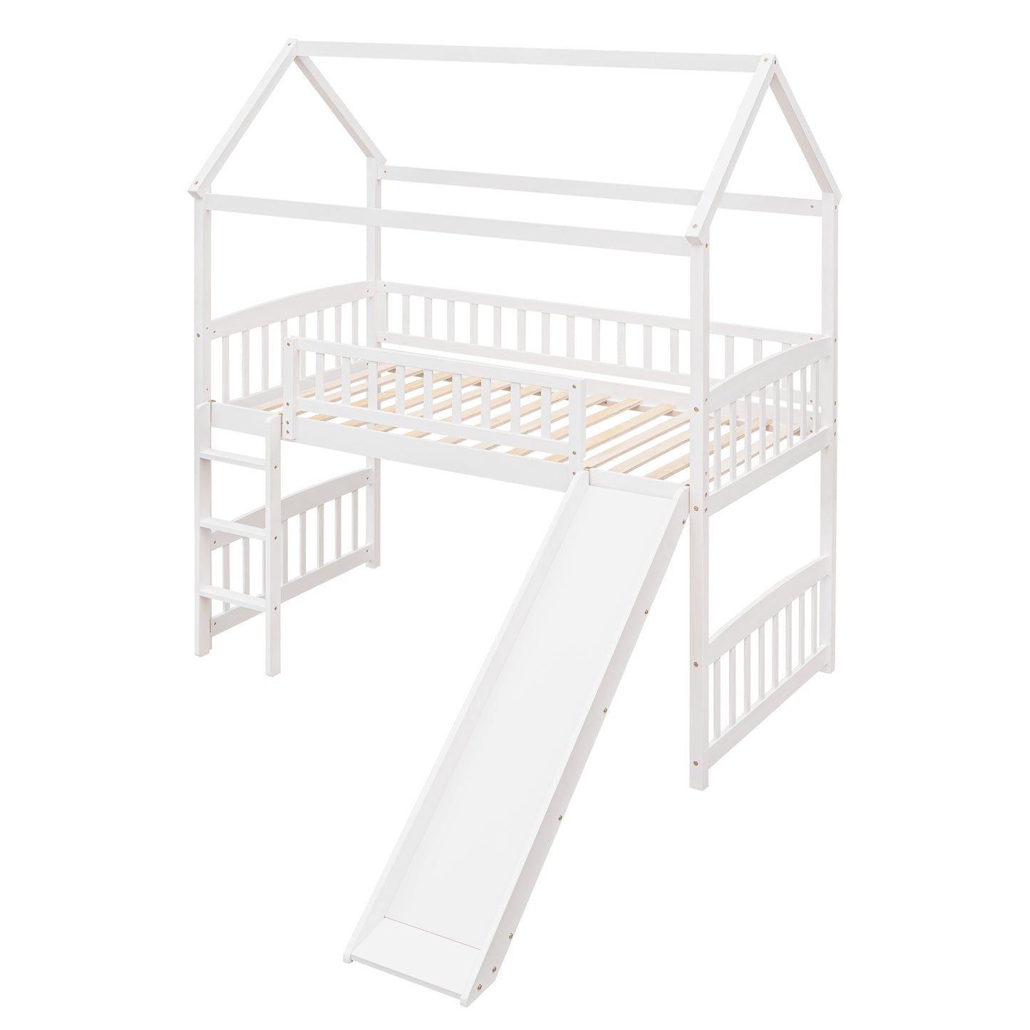 White wooden house loft bed with slide for kids