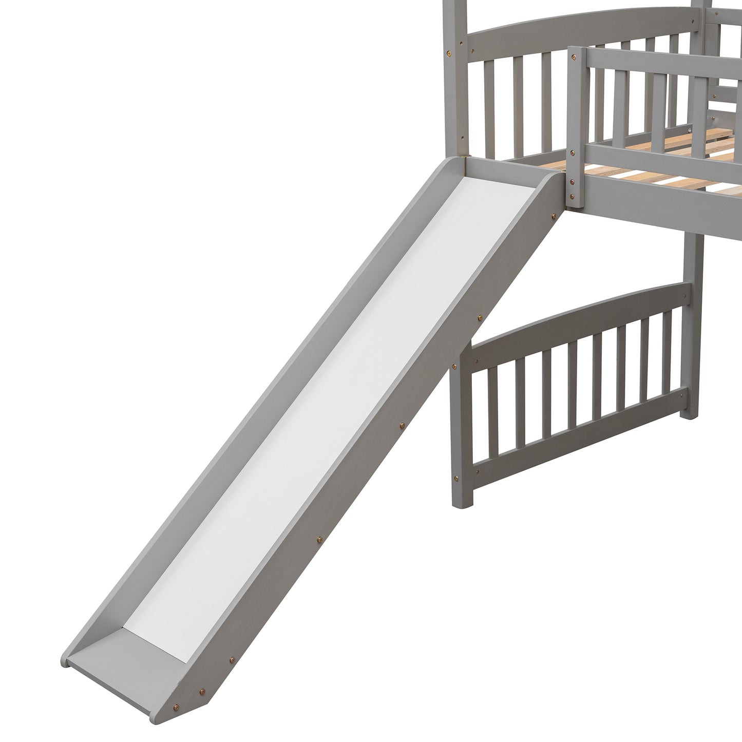 Gray wooden loft bed with white slide and safety rails