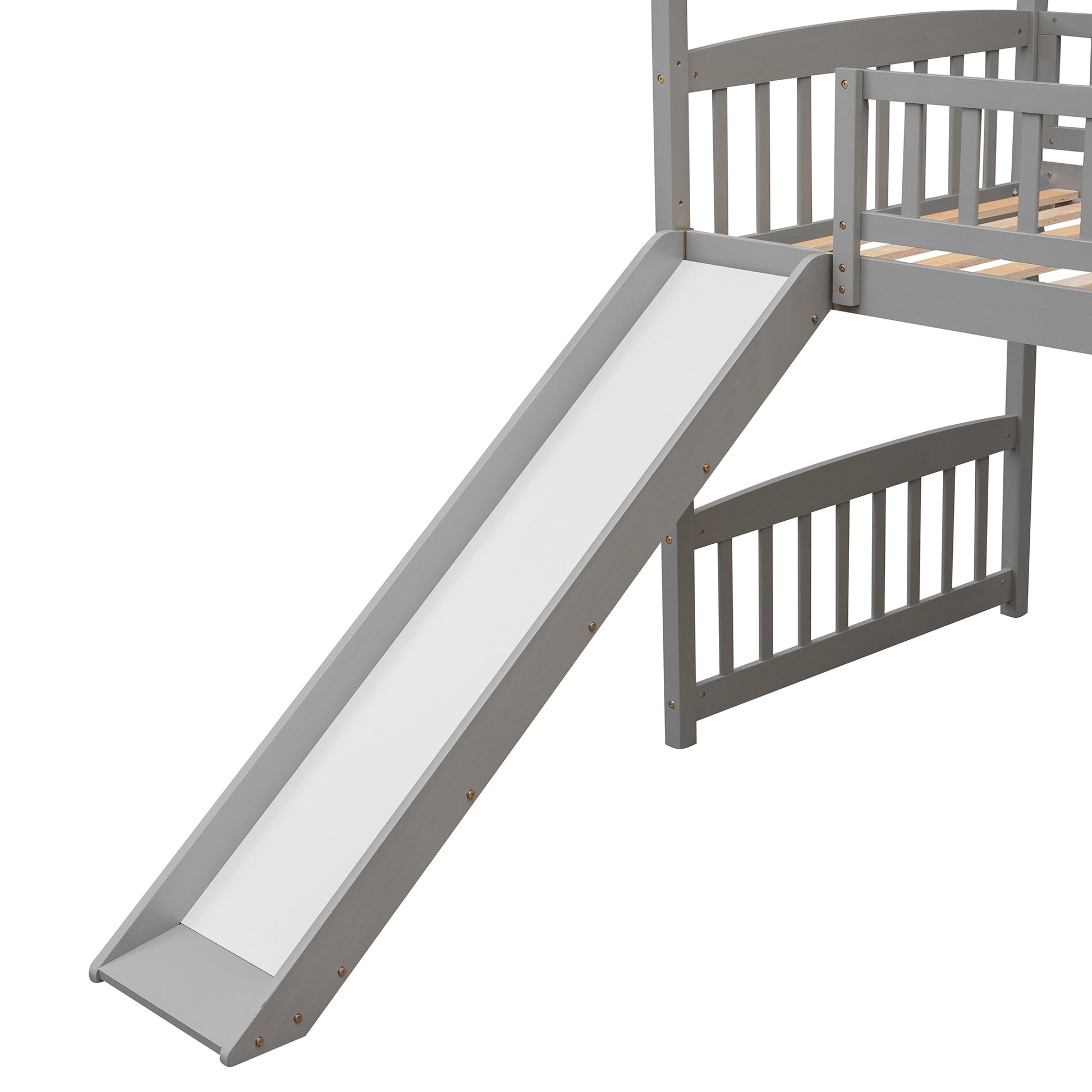 Gray wooden loft bed with white slide and safety rails