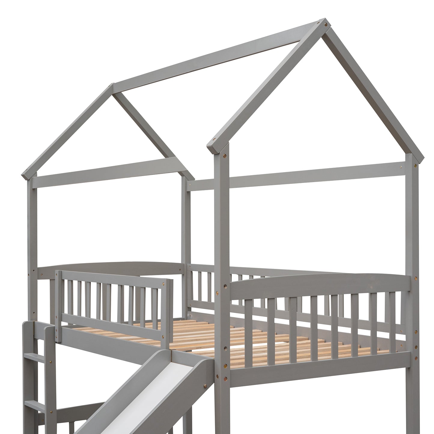 Gray wooden house bed frame with slide and ladder