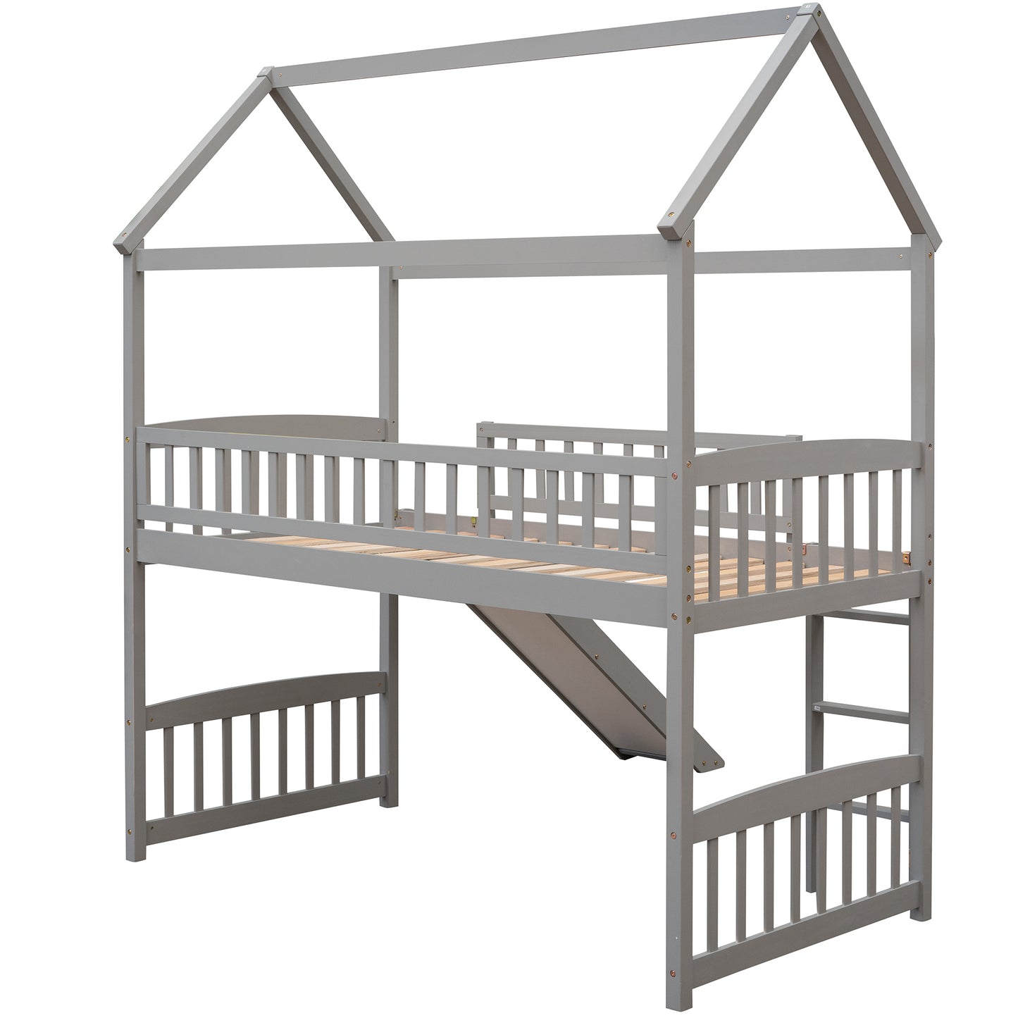 Gray wooden loft bed with house frame and slide