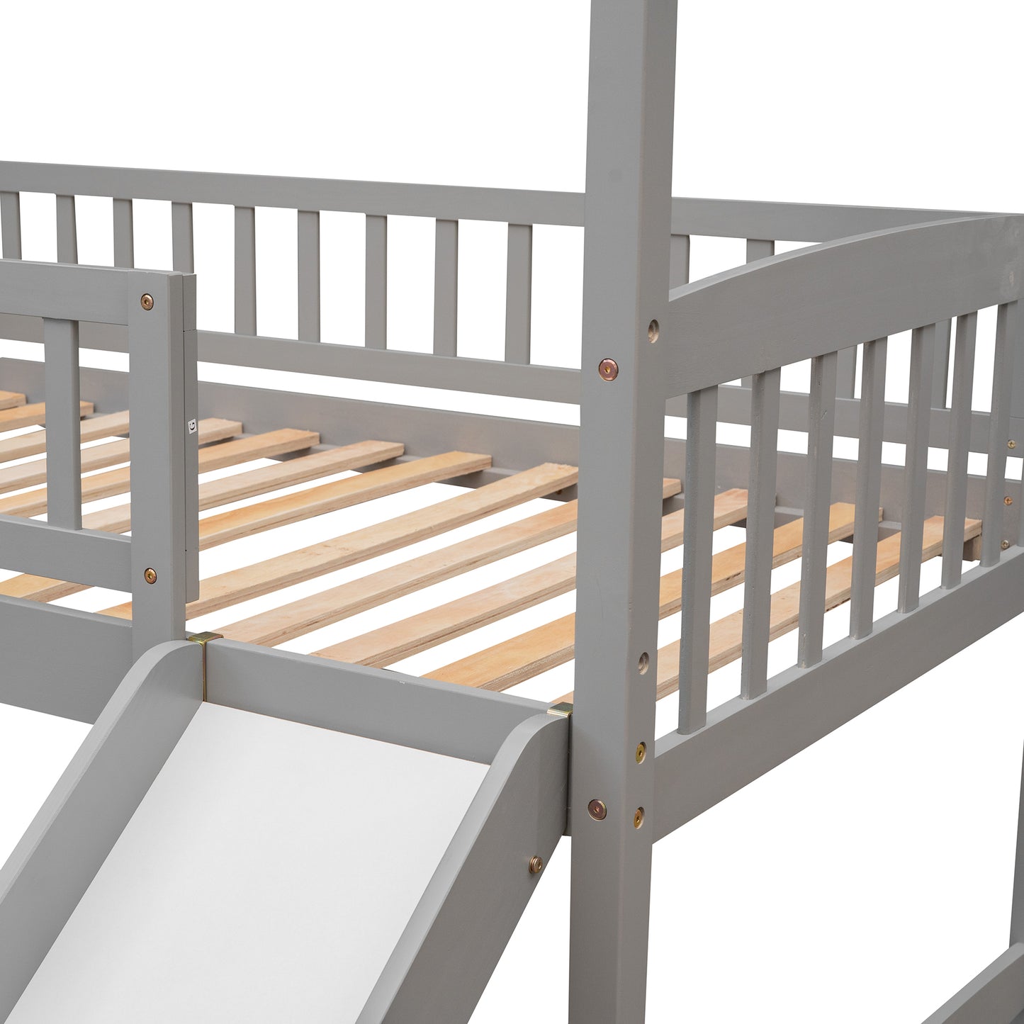 Gray wooden twin loft bed with slide and slatted base