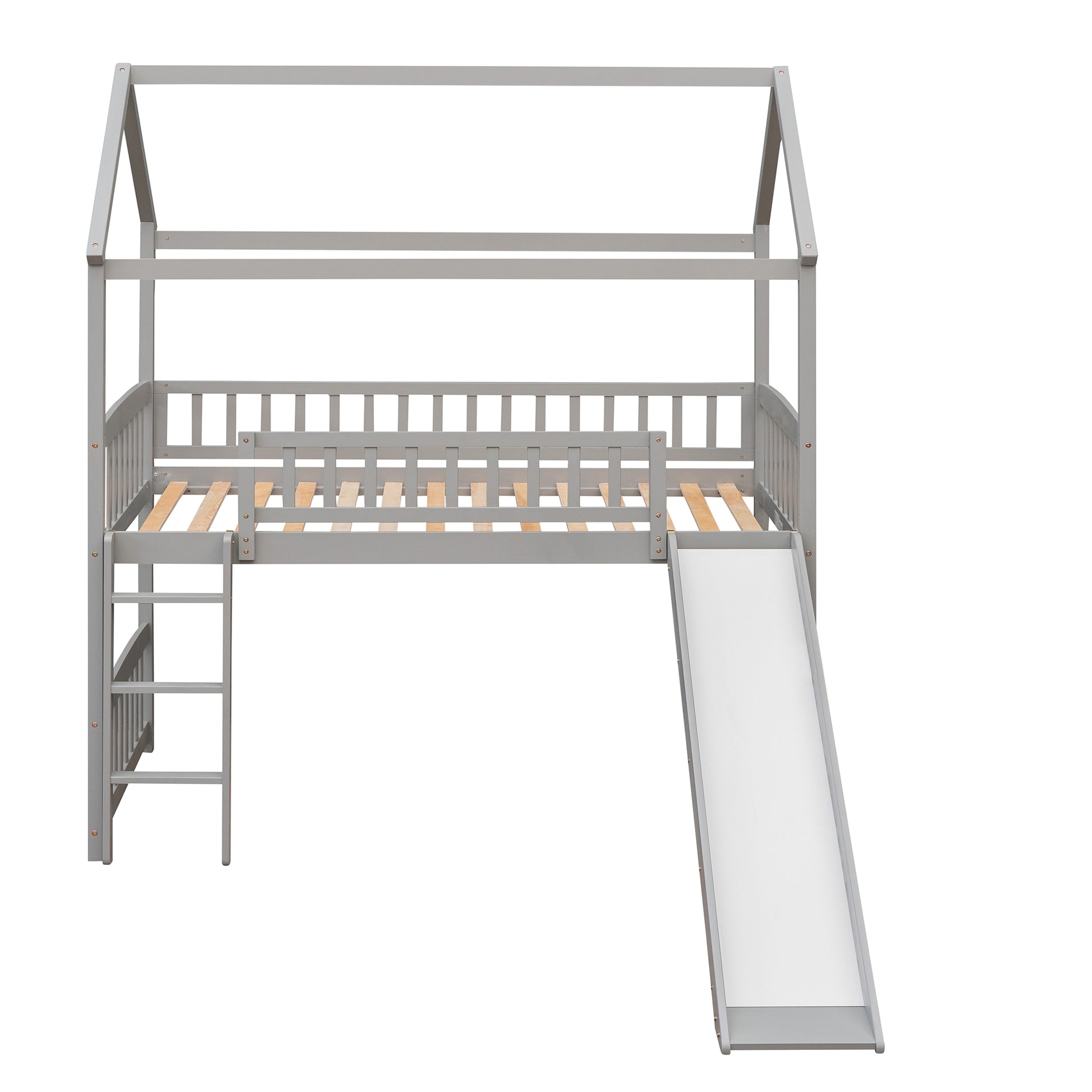 Gray wooden house loft bed with slide and ladder