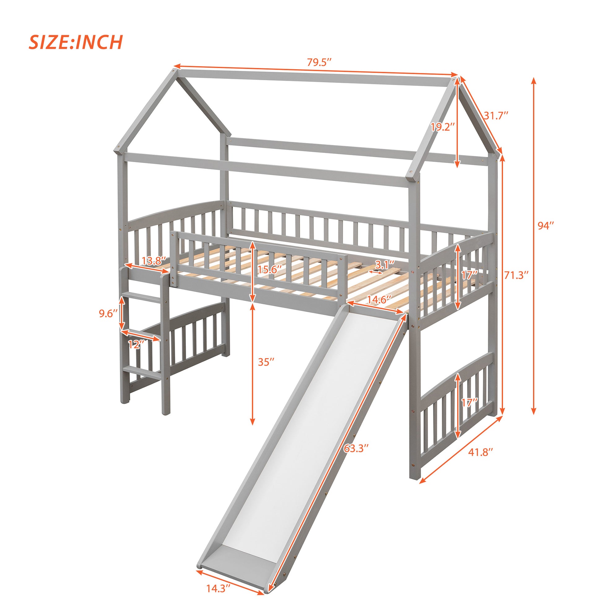 Gray wooden house bed with slide and ladder