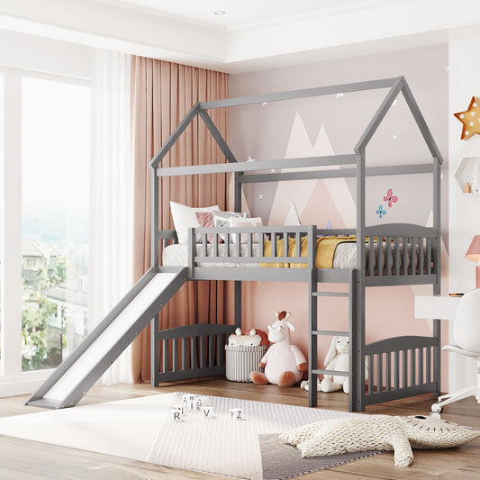 Gray wooden loft bed with slide for kids room