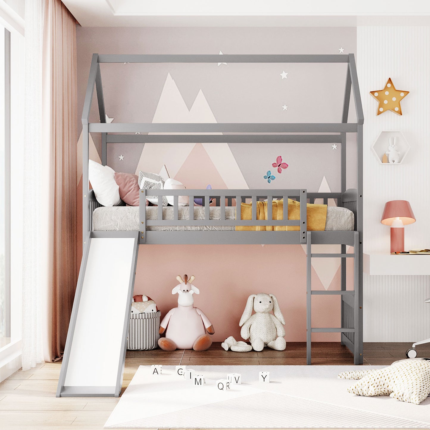 Grey wooden house loft bed with slide and ladder perfect for kids bedrooms