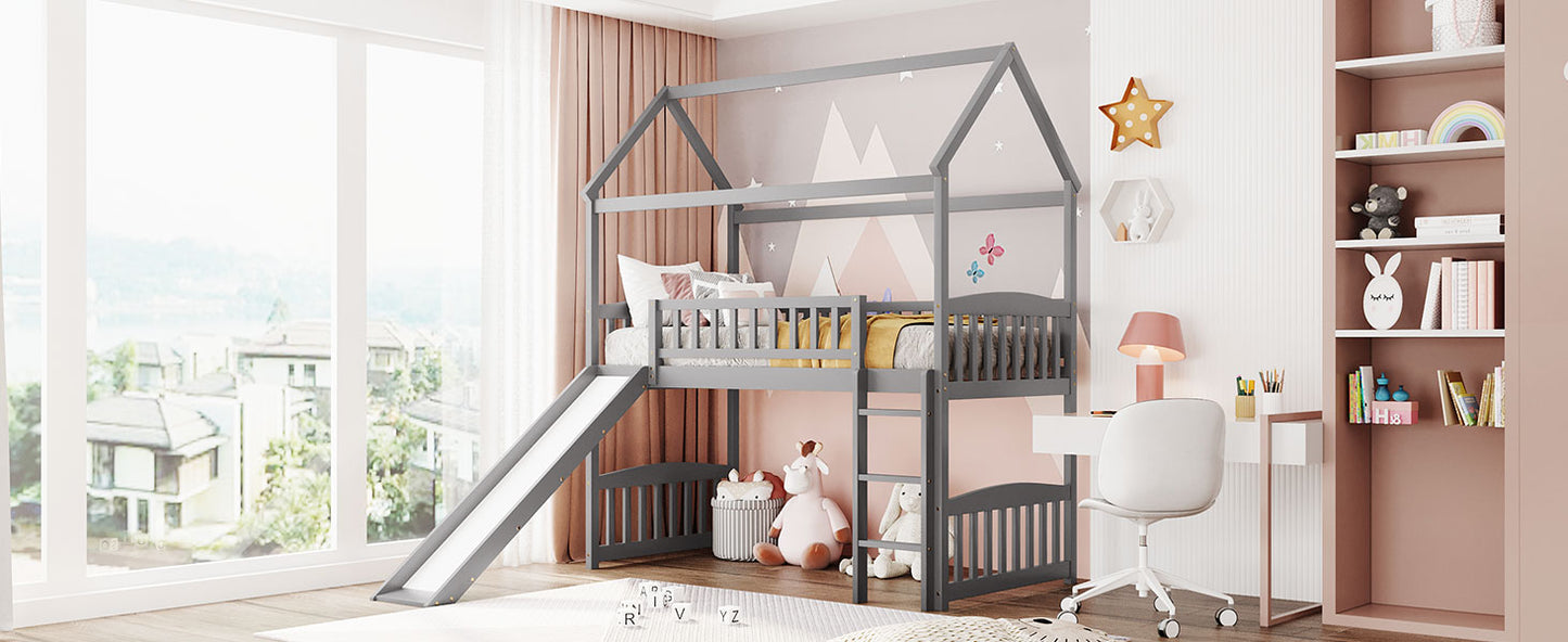 Gray wooden house loft bed with slide and desk for kids