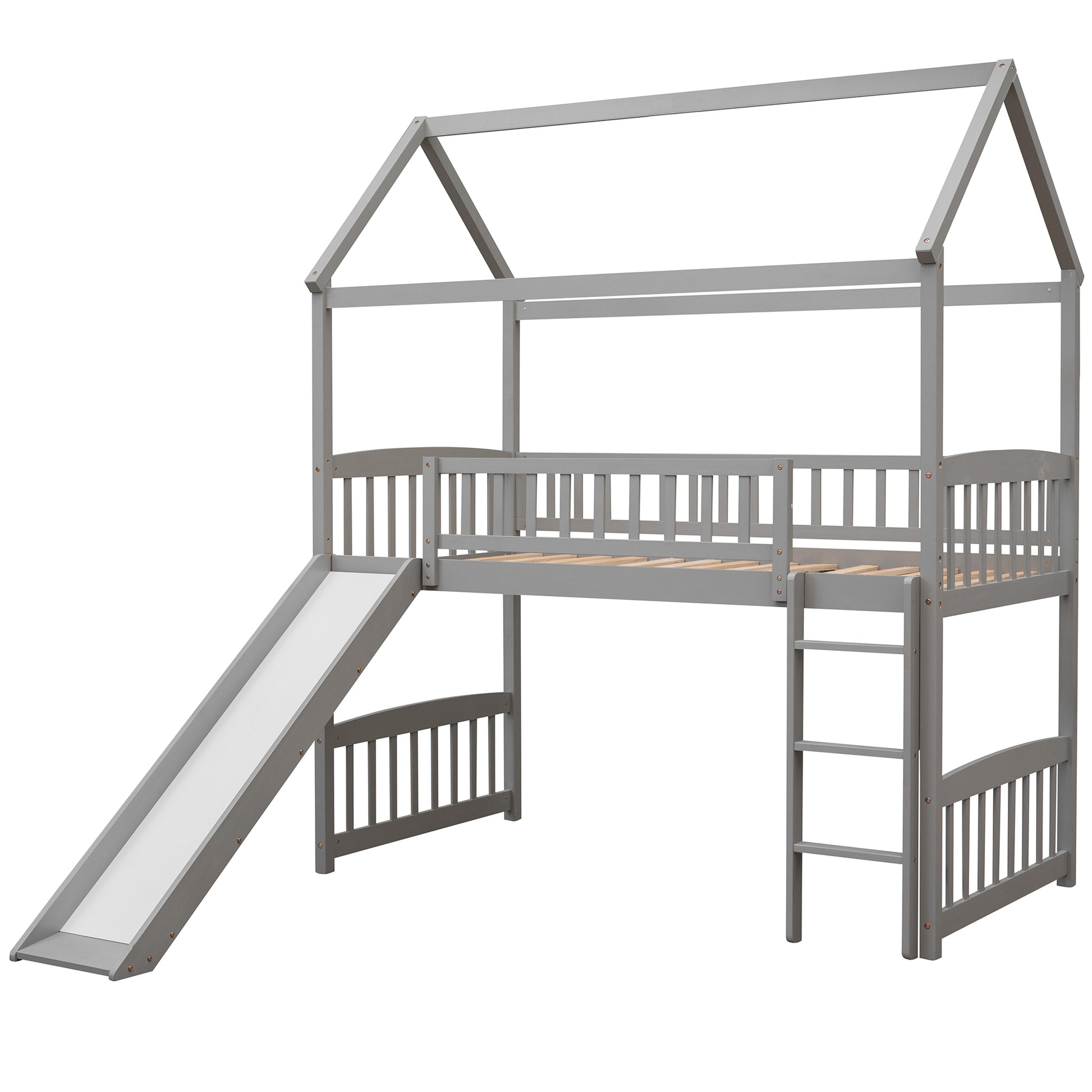 Gray wooden house loft bed with slide