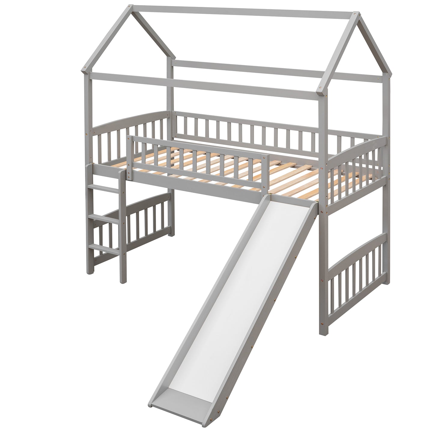 Grey wooden loft bed with house frame ladder and slide for kids bedroom