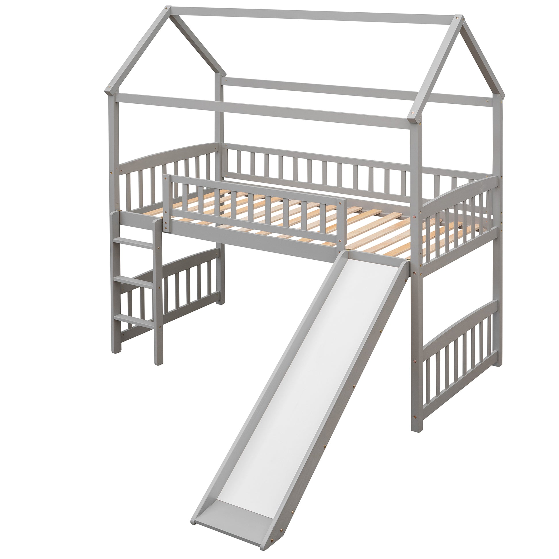 Grey wooden loft bed with house frame ladder and slide for kids bedroom