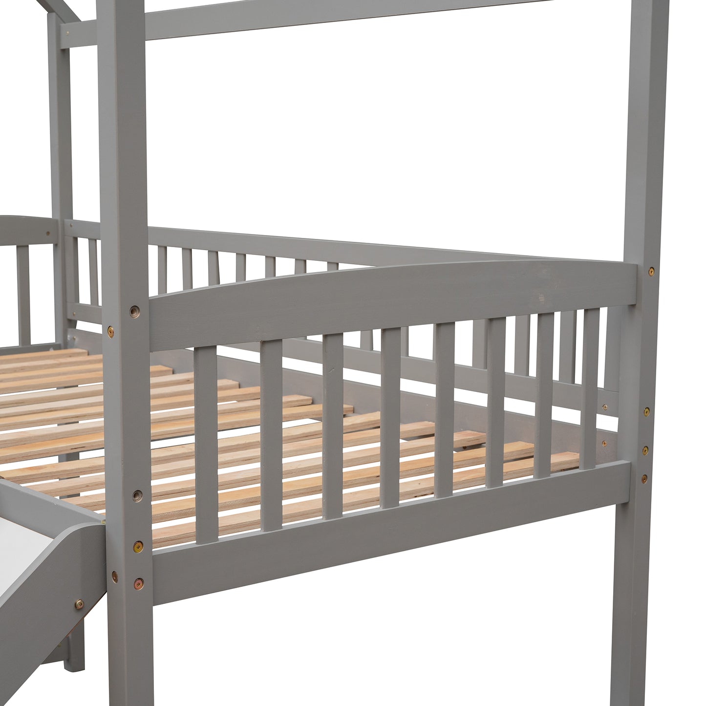 Gray wooden twin house bed frame with slatted base and protective railing