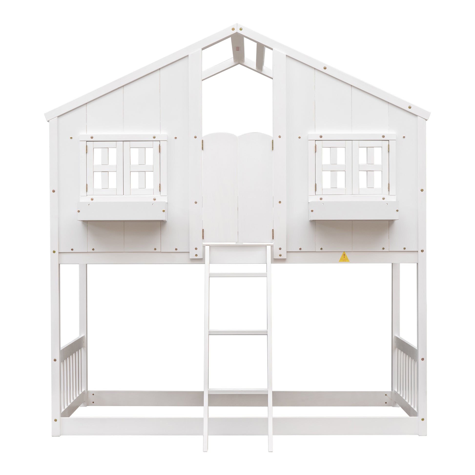 White wooden houseshaped bunk bed with ladder and windows