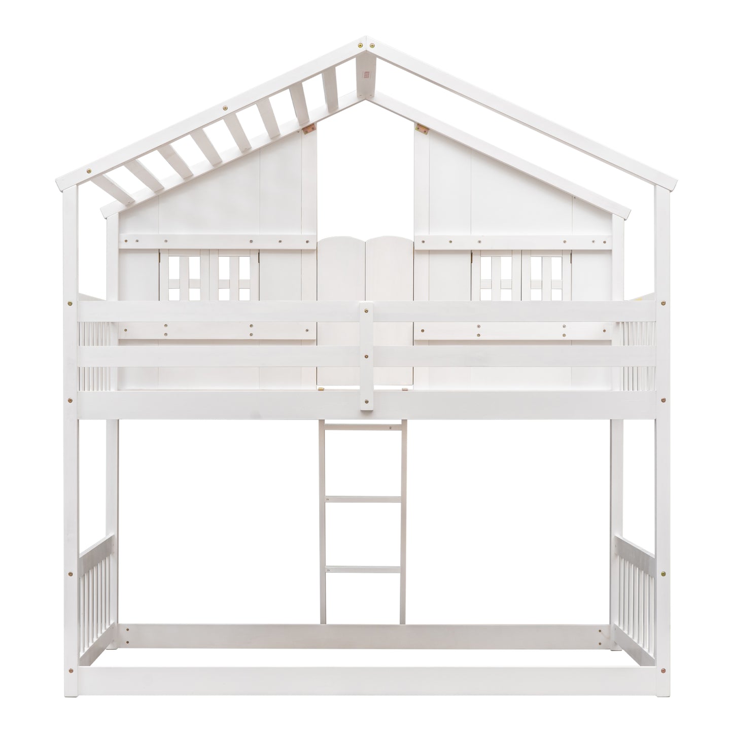 White wooden house loft bed with ladder for kids