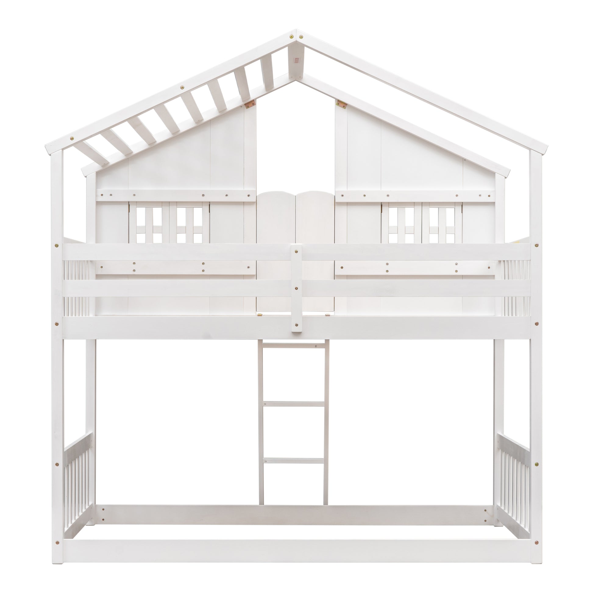 White wooden house loft bed with ladder for kids