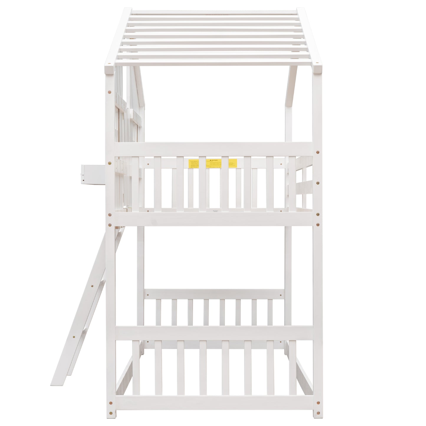 White wooden twin loft bed with ladder and houseshaped frame