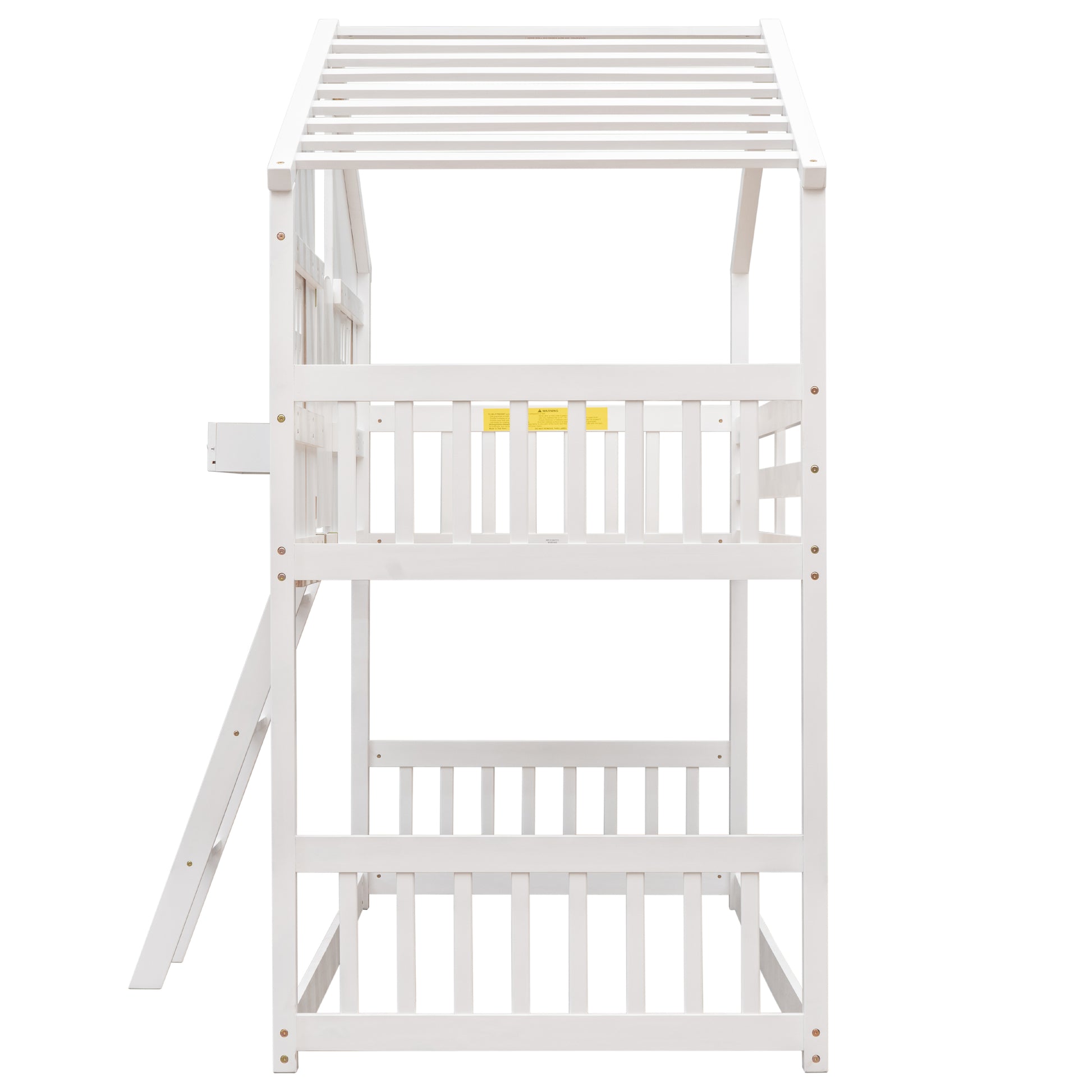 White wooden twin loft bed with ladder and houseshaped frame
