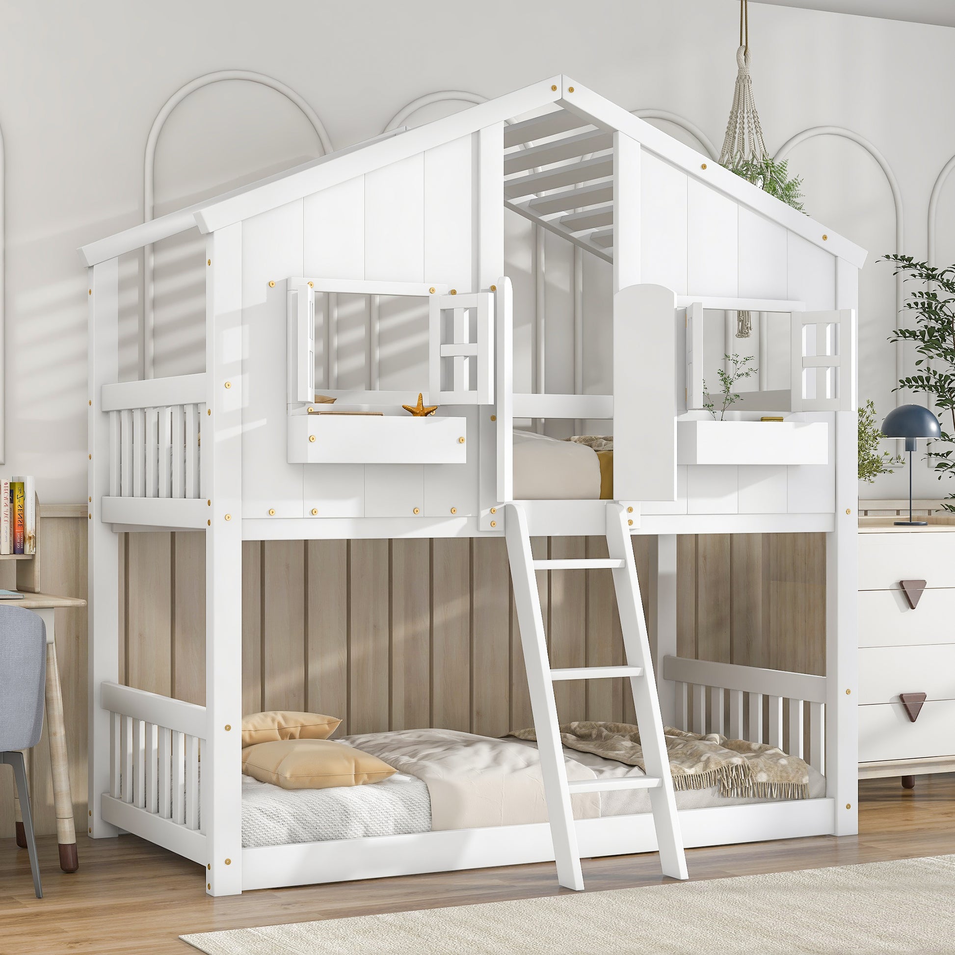 White wooden houseshaped bunk bed with ladder for kids room