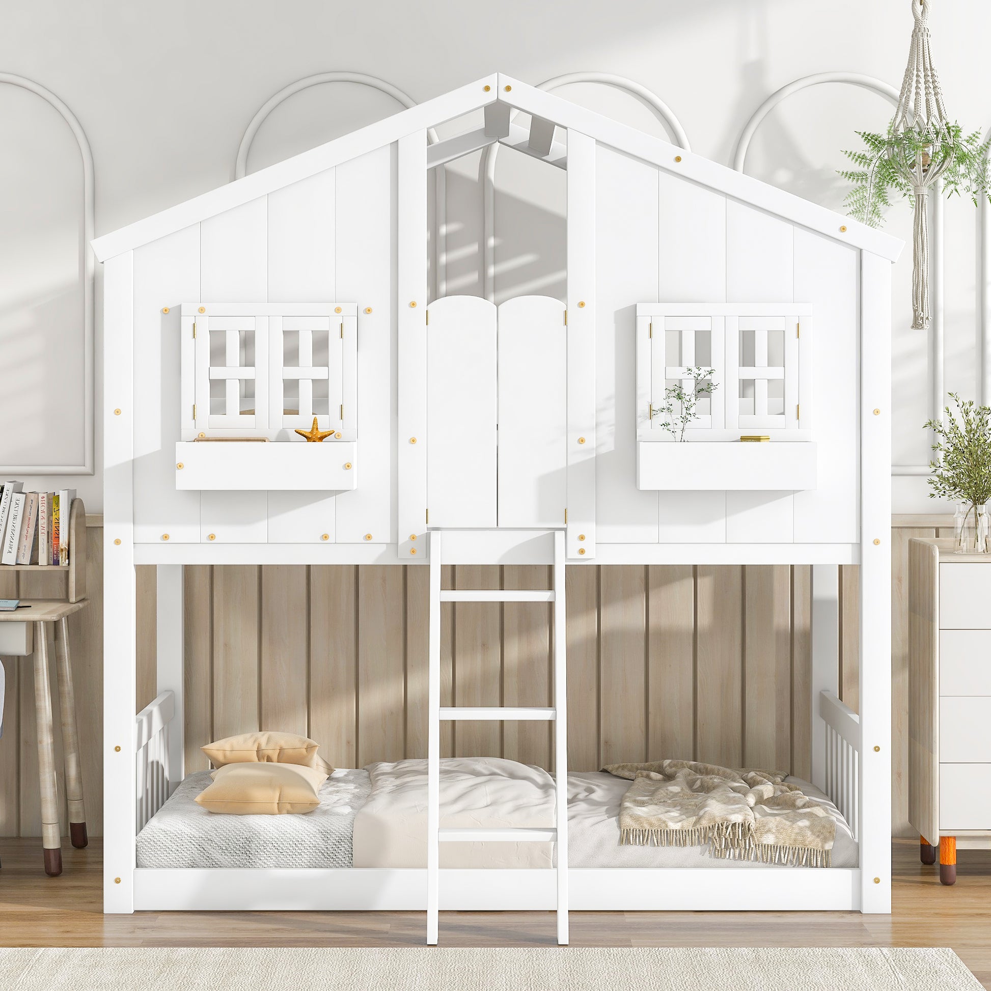 White wooden houseshaped bunk bed with ladder and twin beds