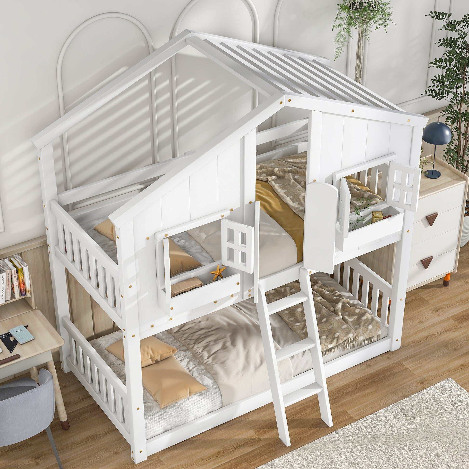 White wooden twin over twin house bunk bed with ladder and safety rails