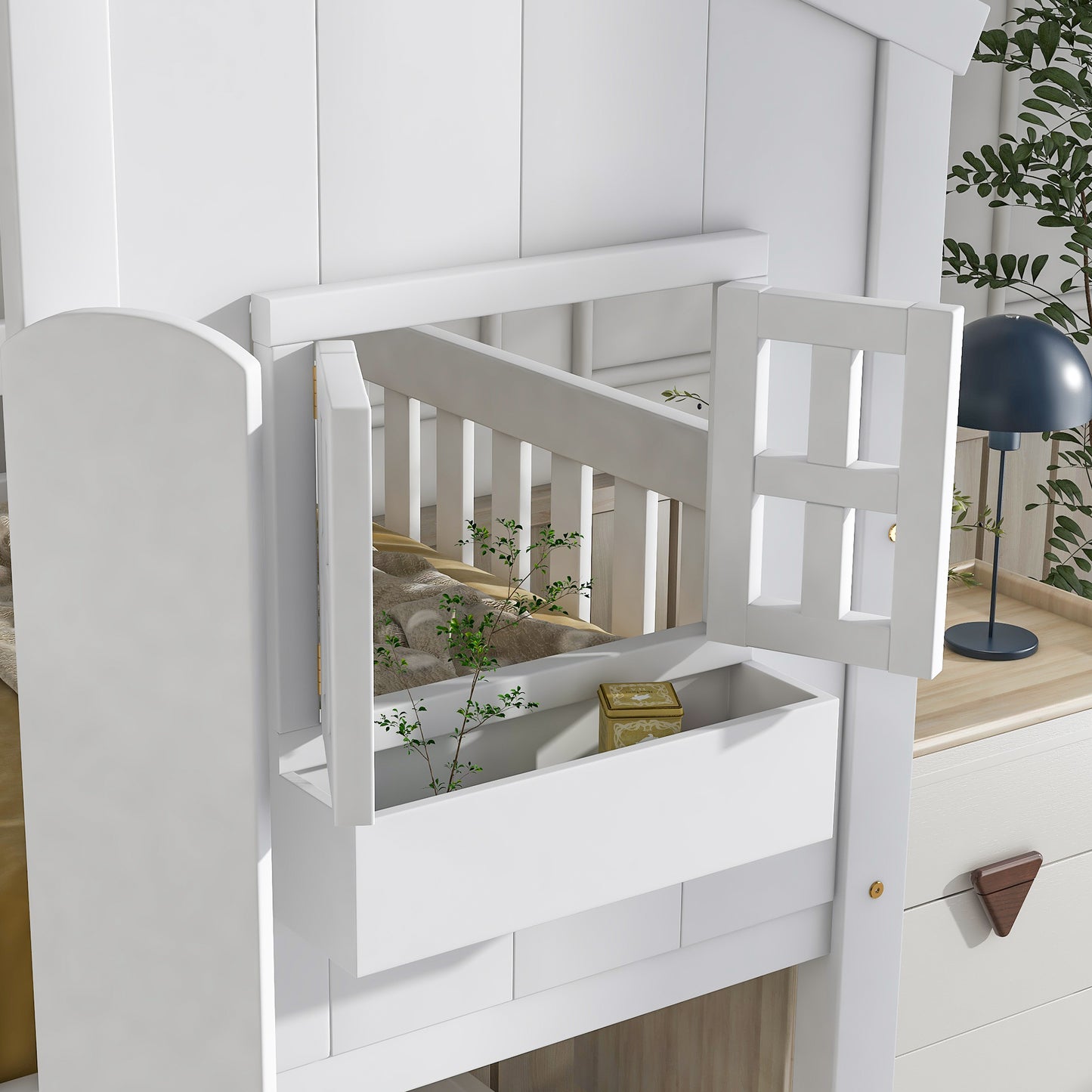 White wooden loft bed with open window box and green plants