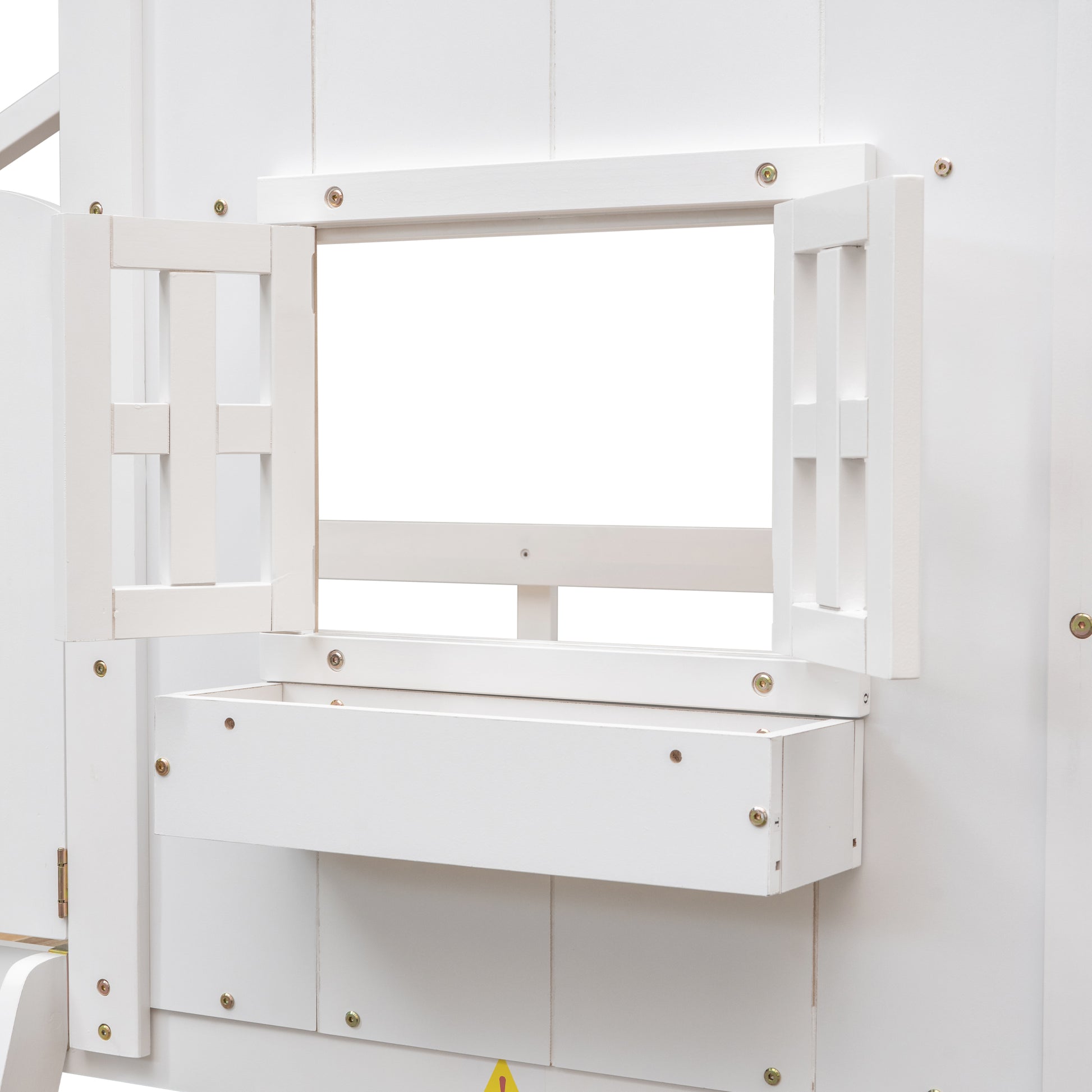 White wooden playhouse window with planter box