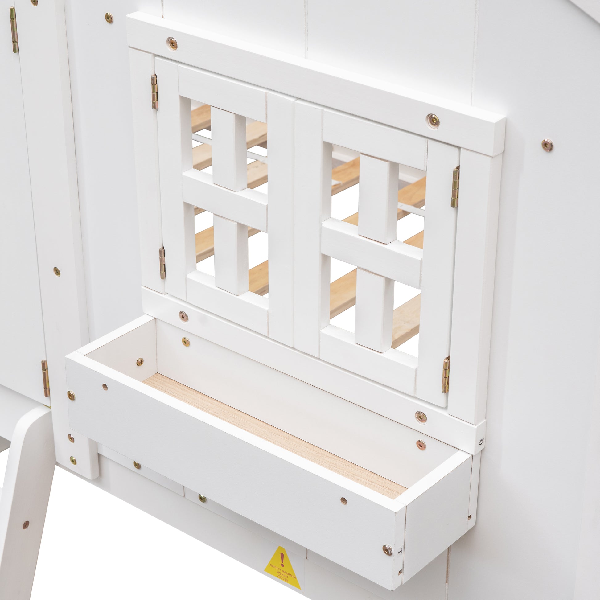 White wooden playhouse window with planter box