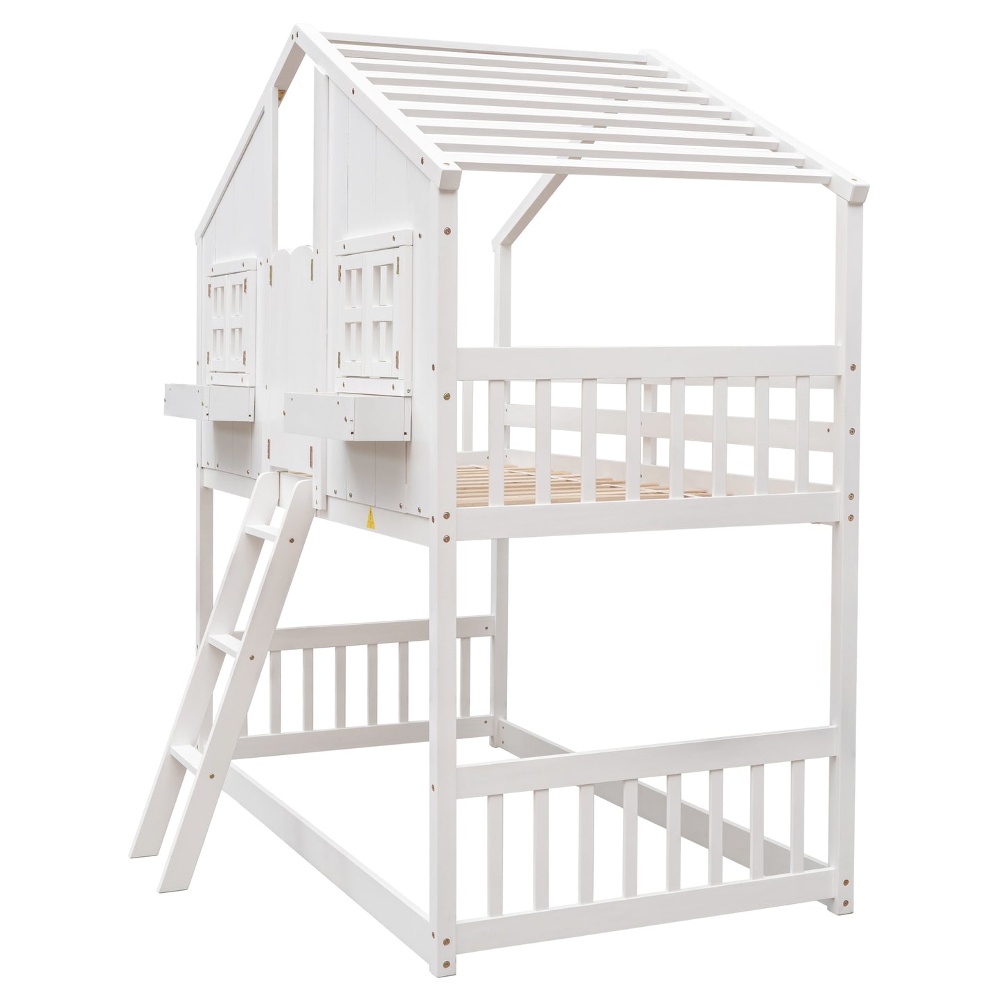 White wooden twin loft bed with ladder and houseshaped roof