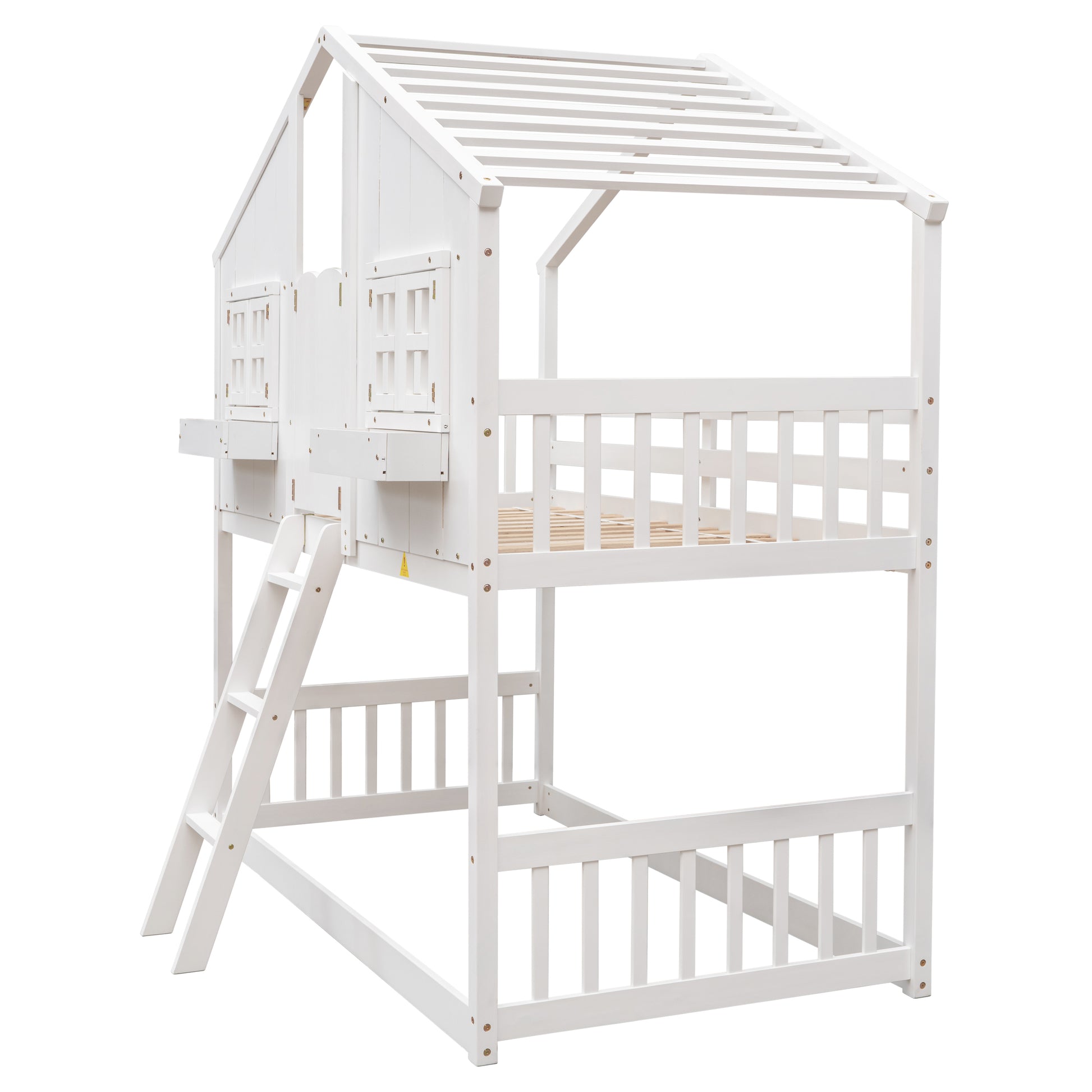White wooden twin loft bed with ladder and houseshaped roof