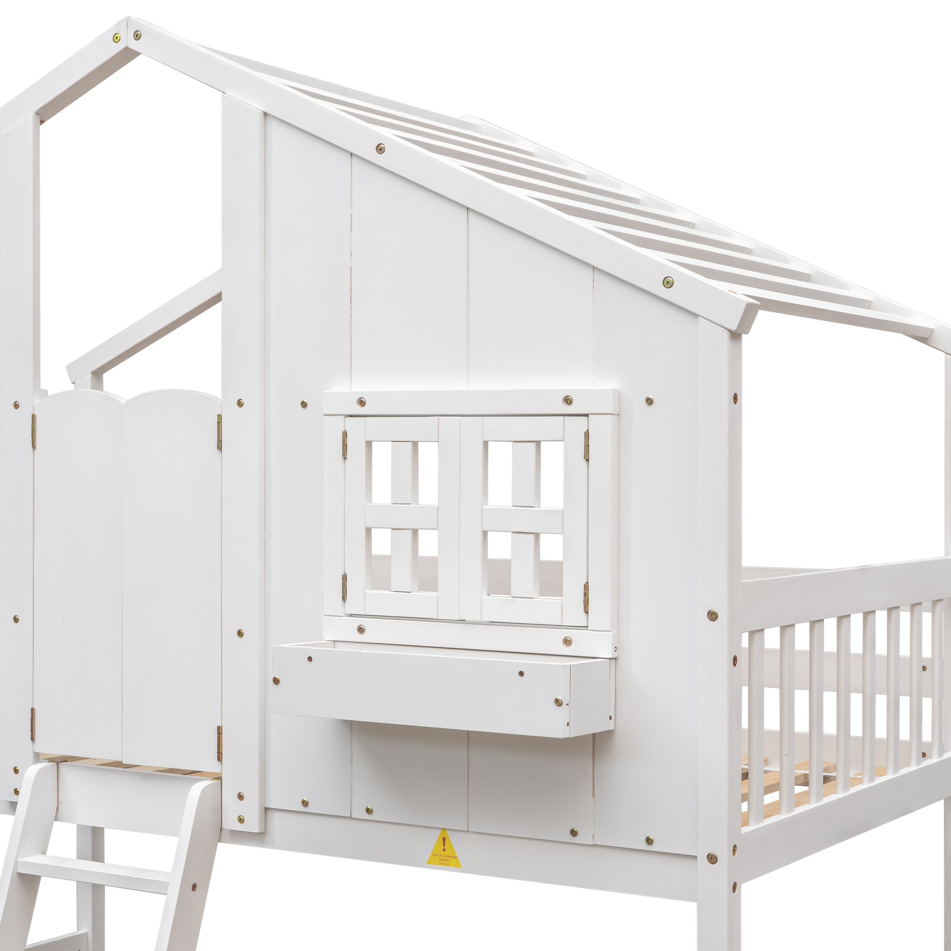 White wooden twin house bed with ladder and window