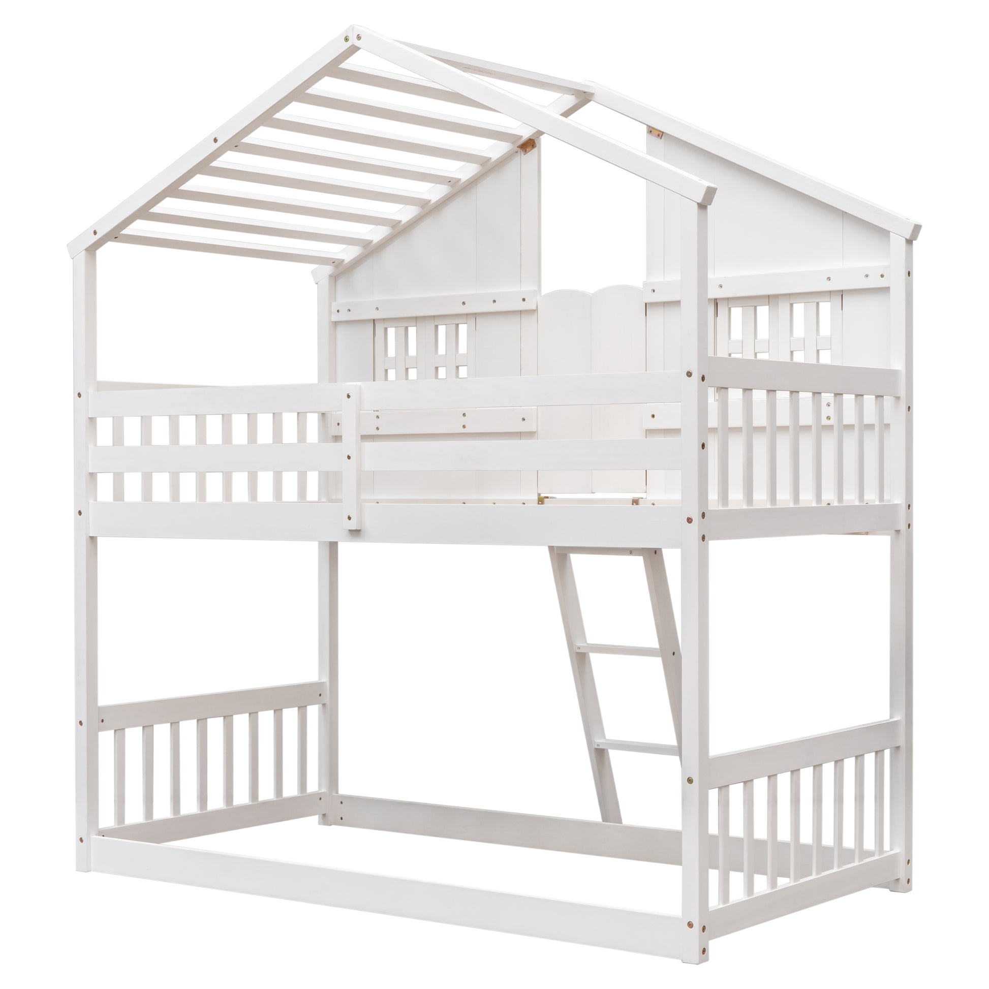 White wooden twin over twin bunk bed with houseshaped roof frame