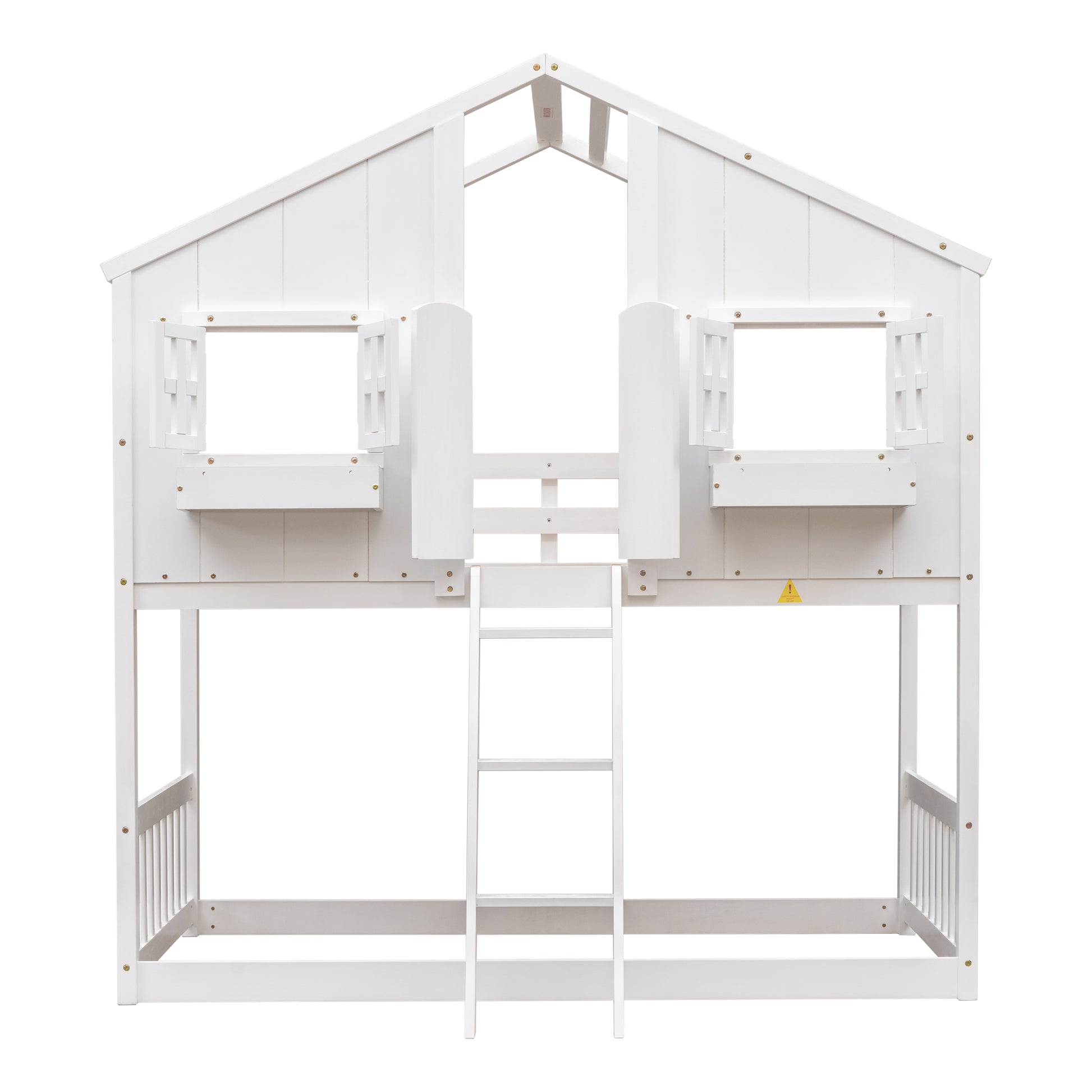 White wooden twin over twin bunk bed with house frame and ladder