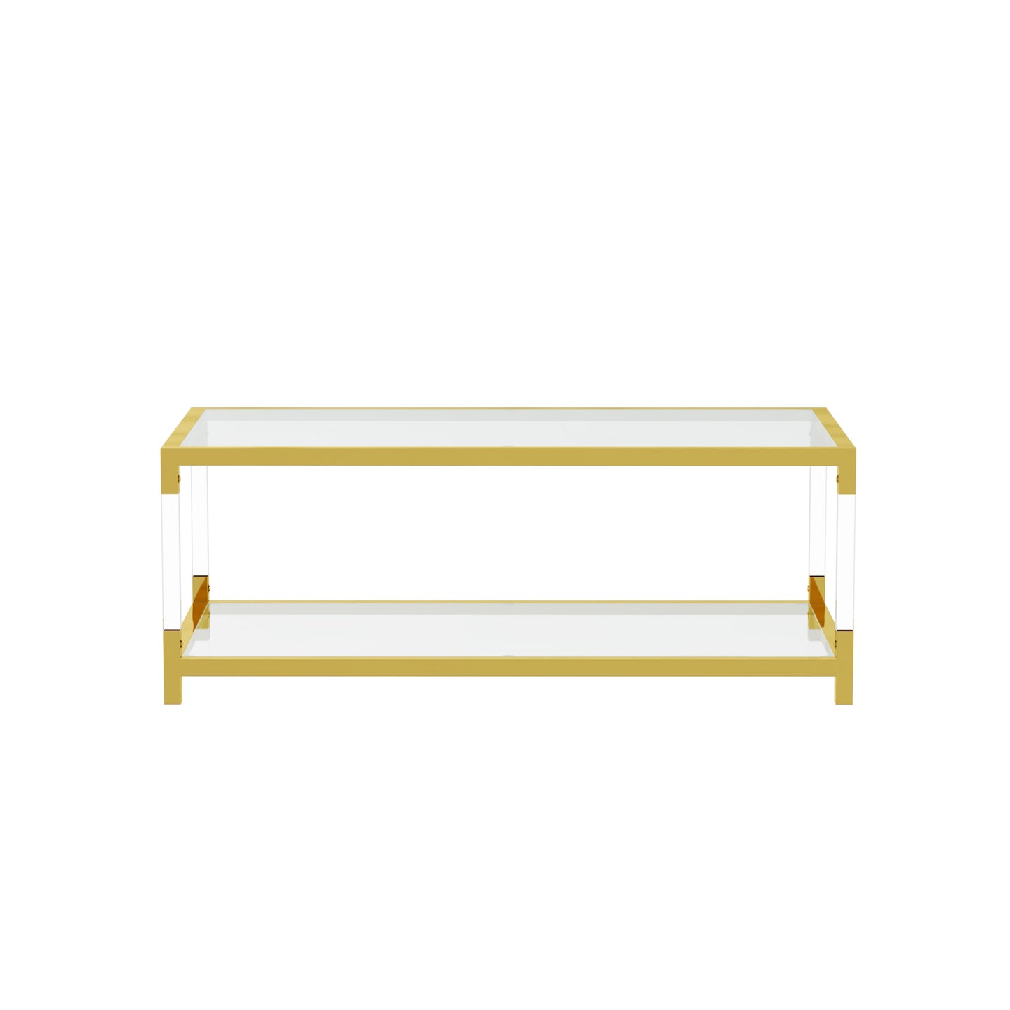 Modern gold coffee table with clear acrylic accents and glass top