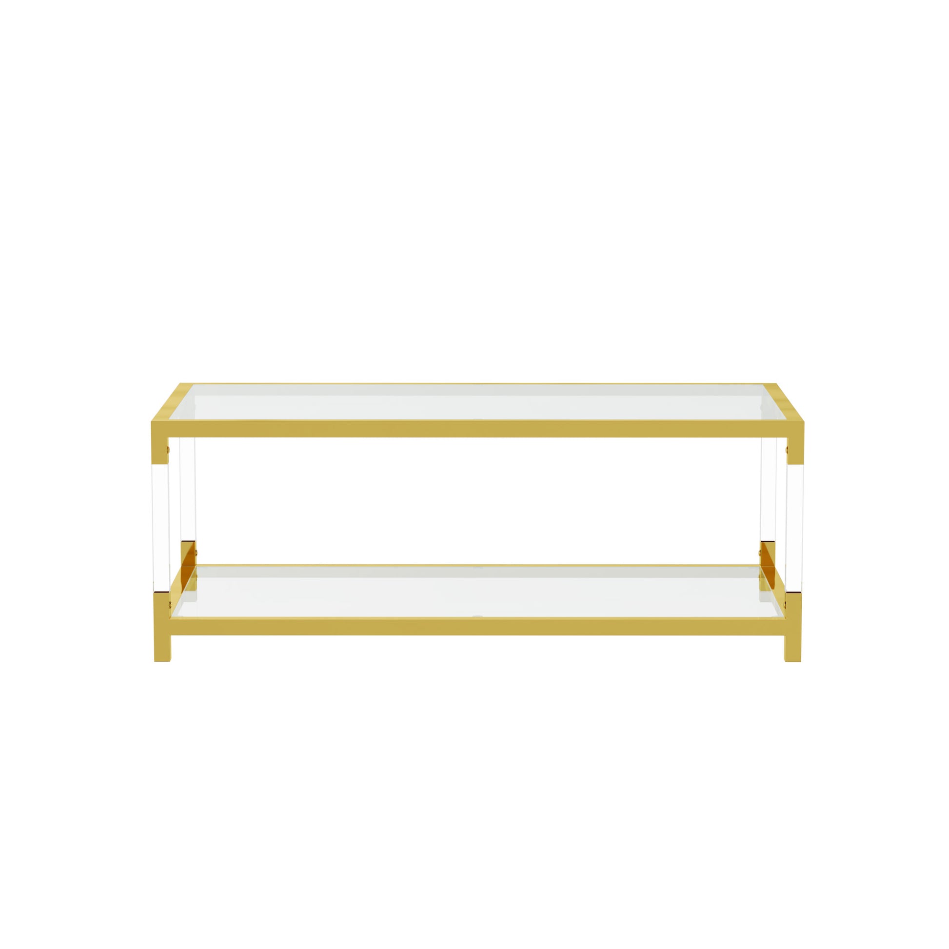 Modern gold coffee table with clear acrylic accents and glass top