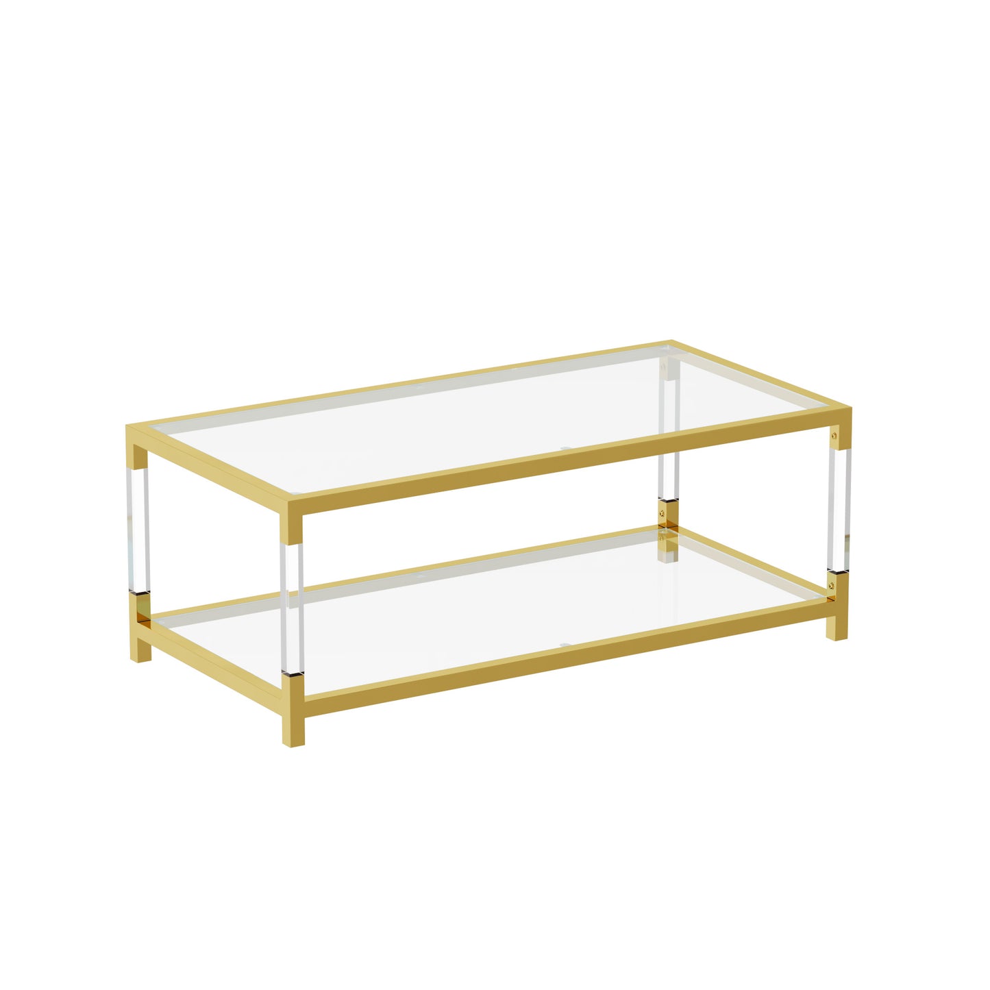 Modern gold coffee table with clear acrylic legs and glass top