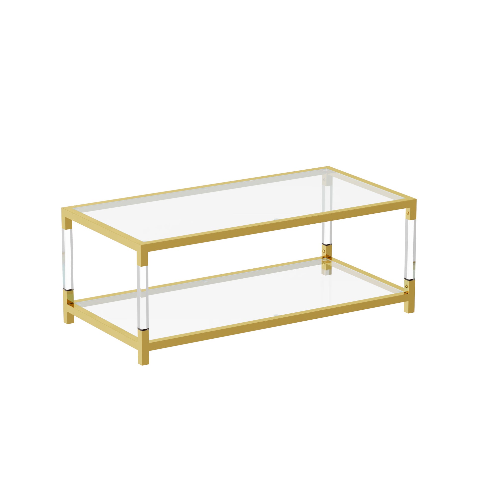 Modern gold coffee table with clear acrylic legs and glass top