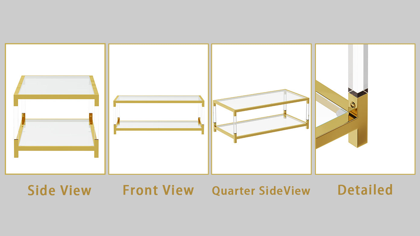 Gold metal and clear acrylic coffee table with two tiers