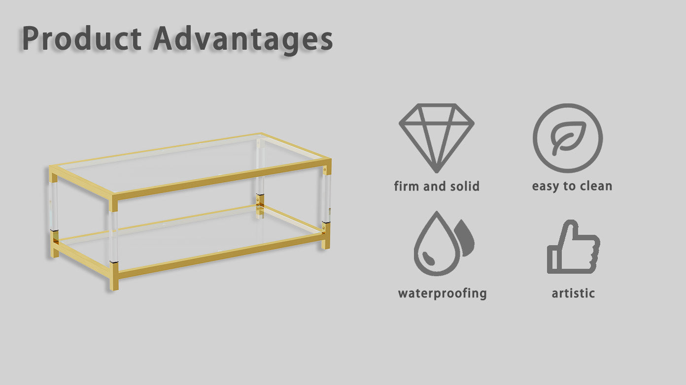 Modern gold frame glass coffee table with transparent shelves