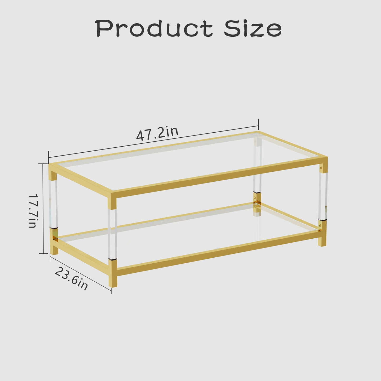 Gold metal and clear acrylic coffee table in L x in W x in H