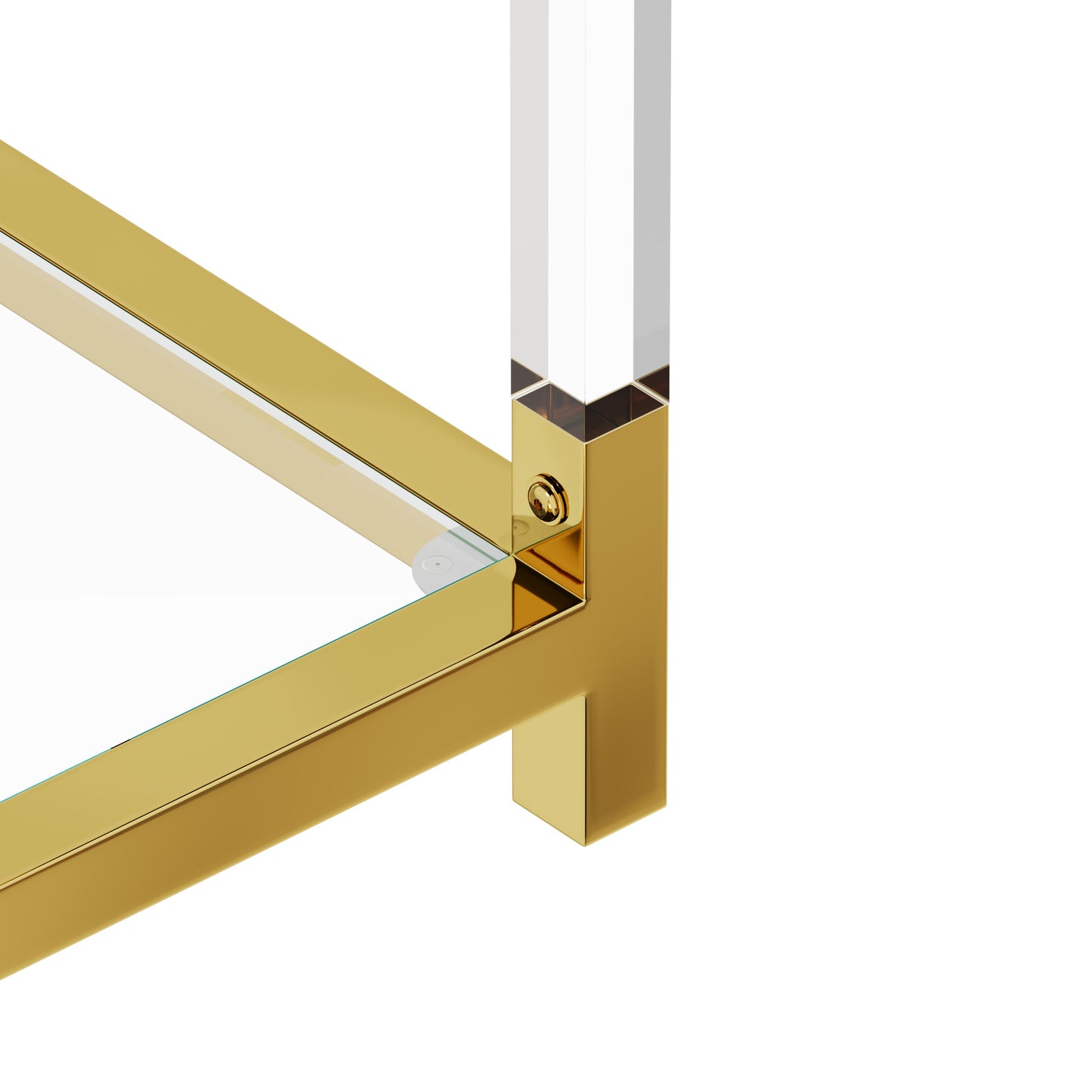 Closeup of goldplated metal frame and clear acrylic leg on a modern side table