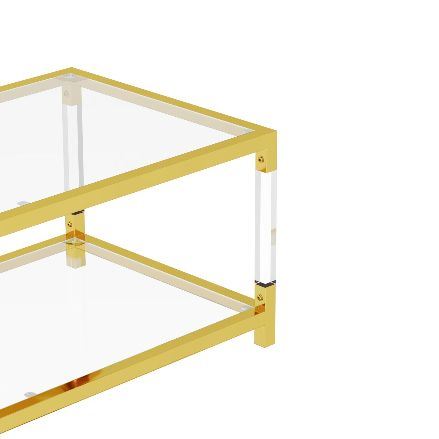 Modern gold coffee table with clear acrylic legs and glass top