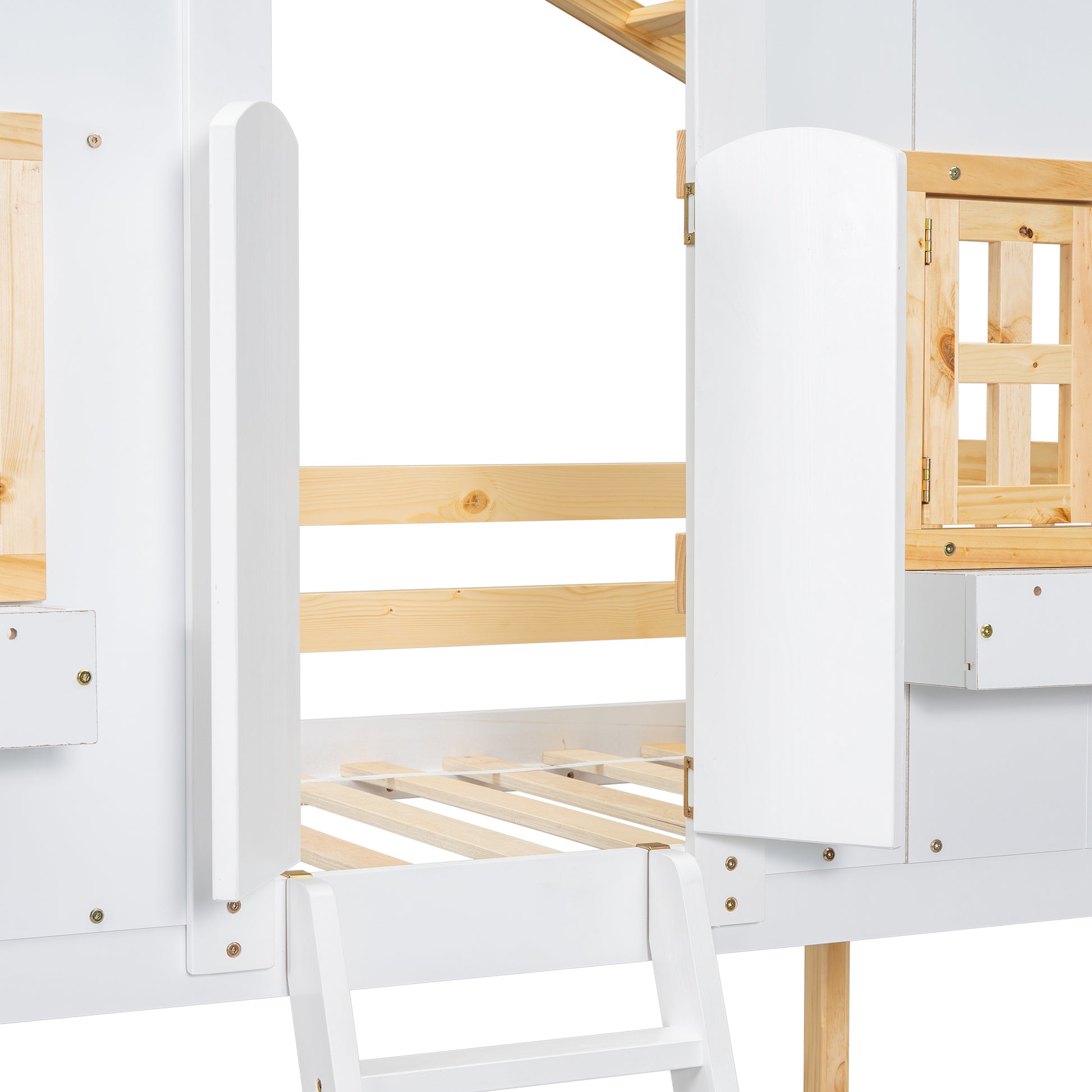 White wooden bunk bed frame with ladder and wooden slatted base