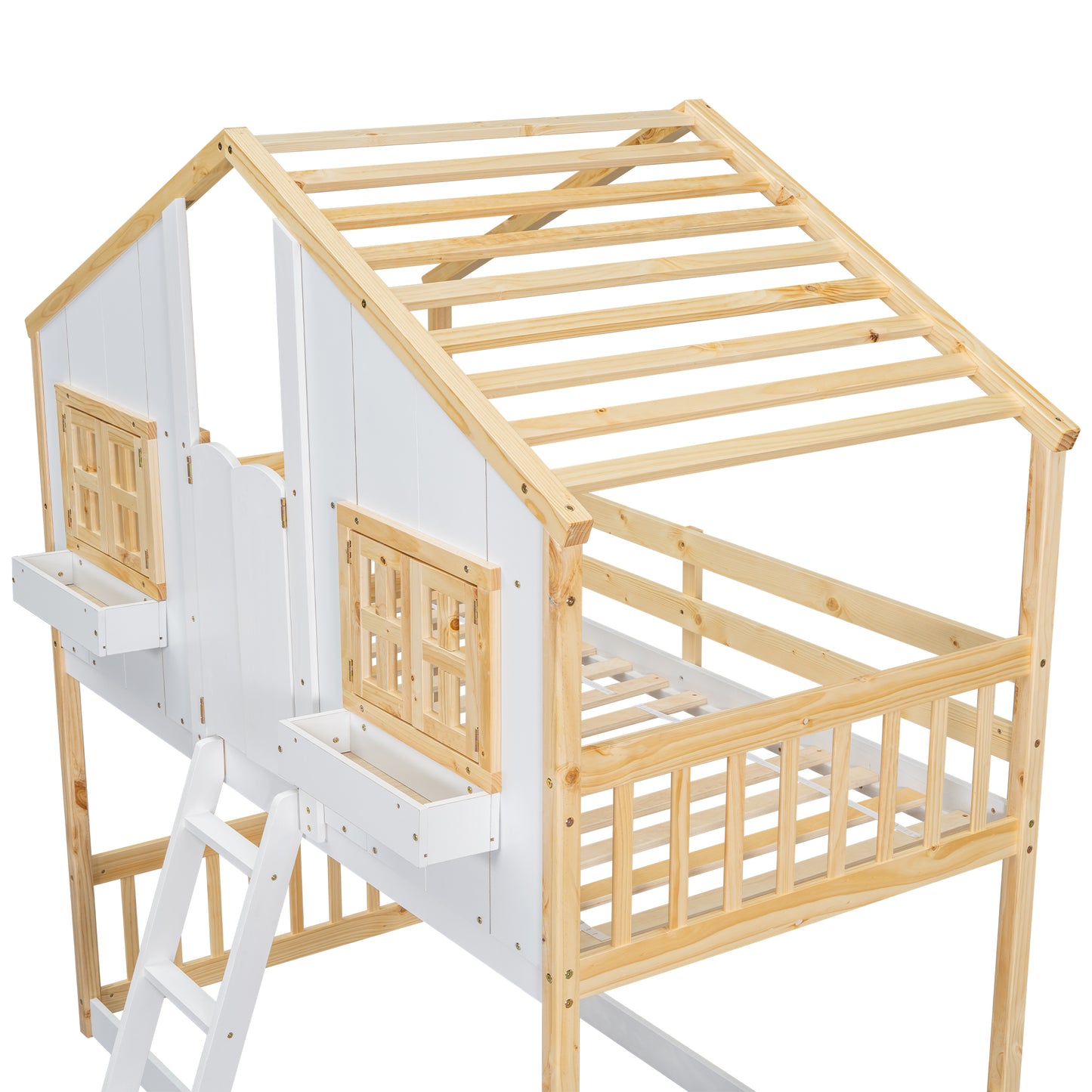 White and natural wood bunk bed with house frame and ladder for childrens room