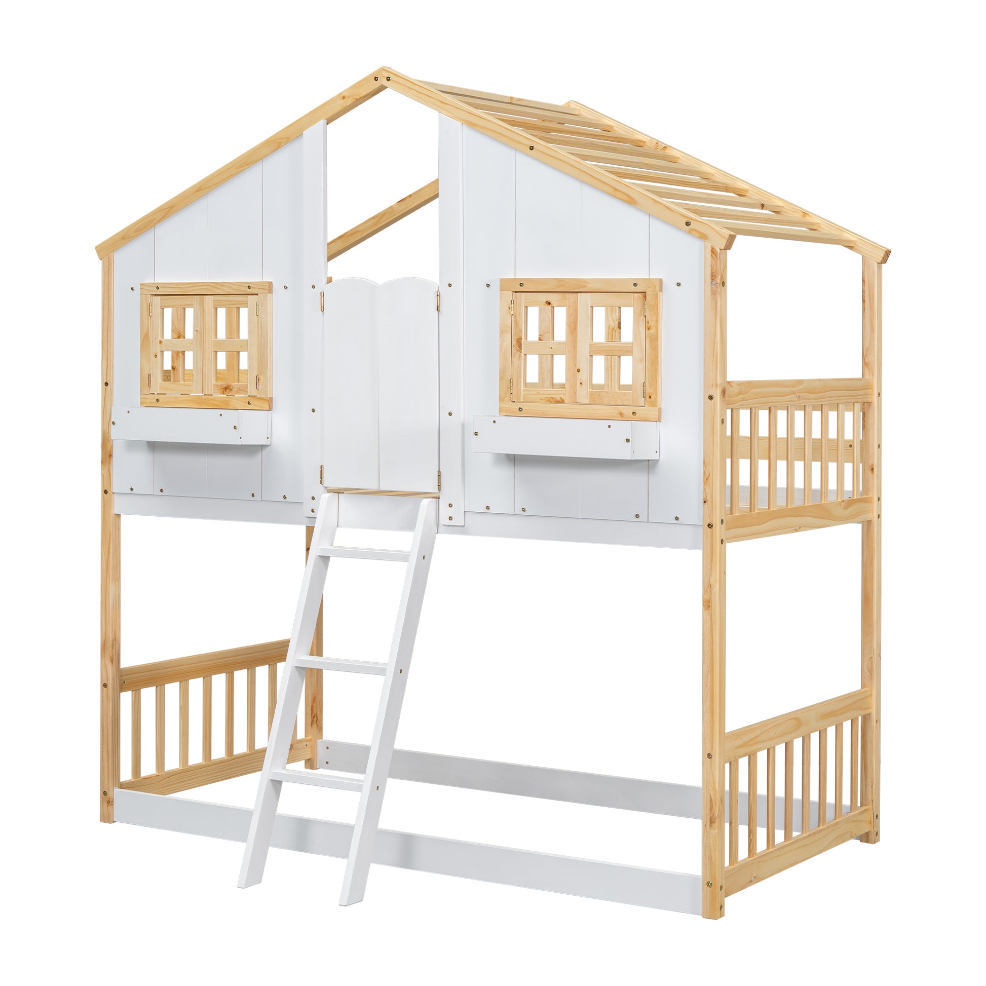 White and natural wood twin loft bed with houseshaped frame and ladder