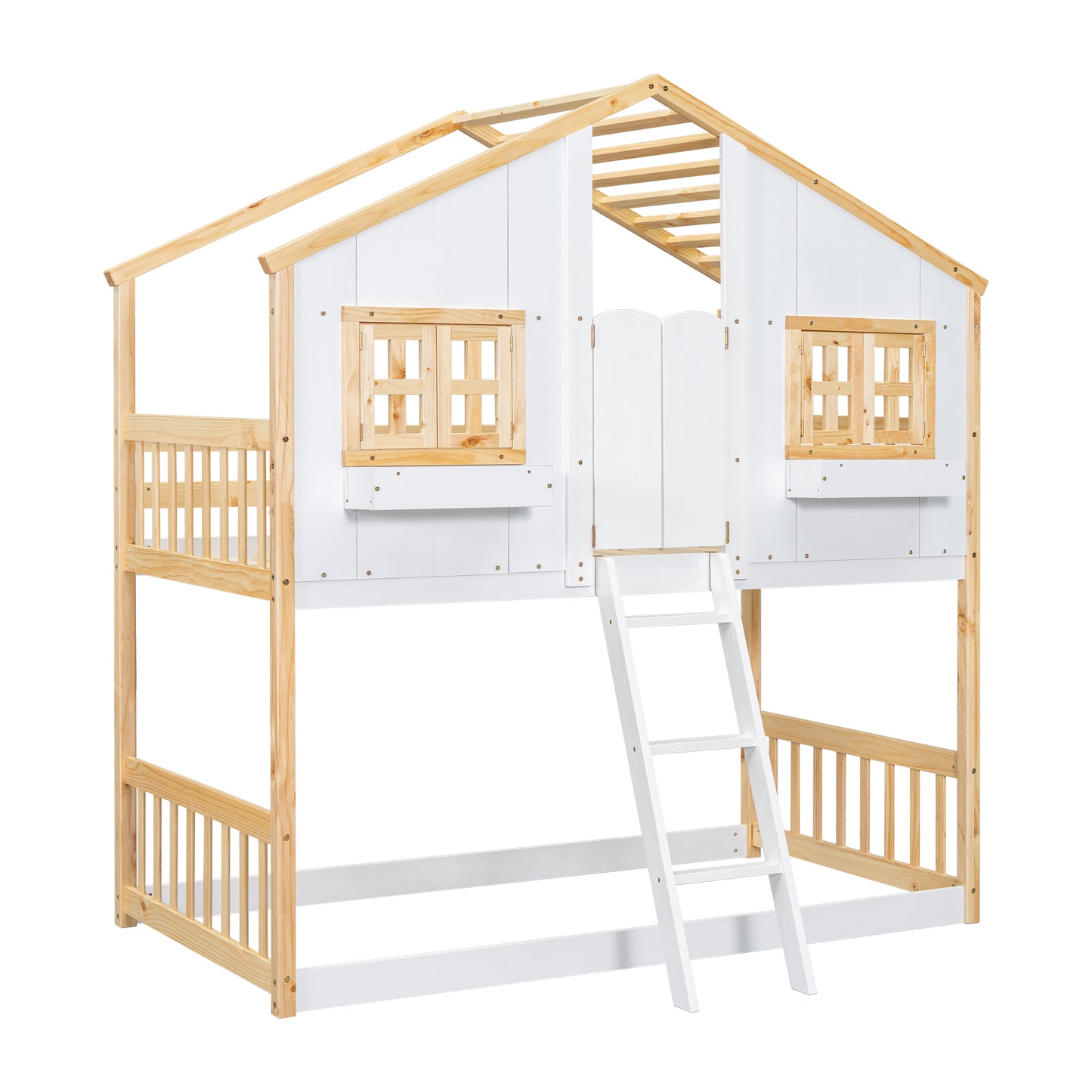 White and natural wood twin loft bed with ladder and window details