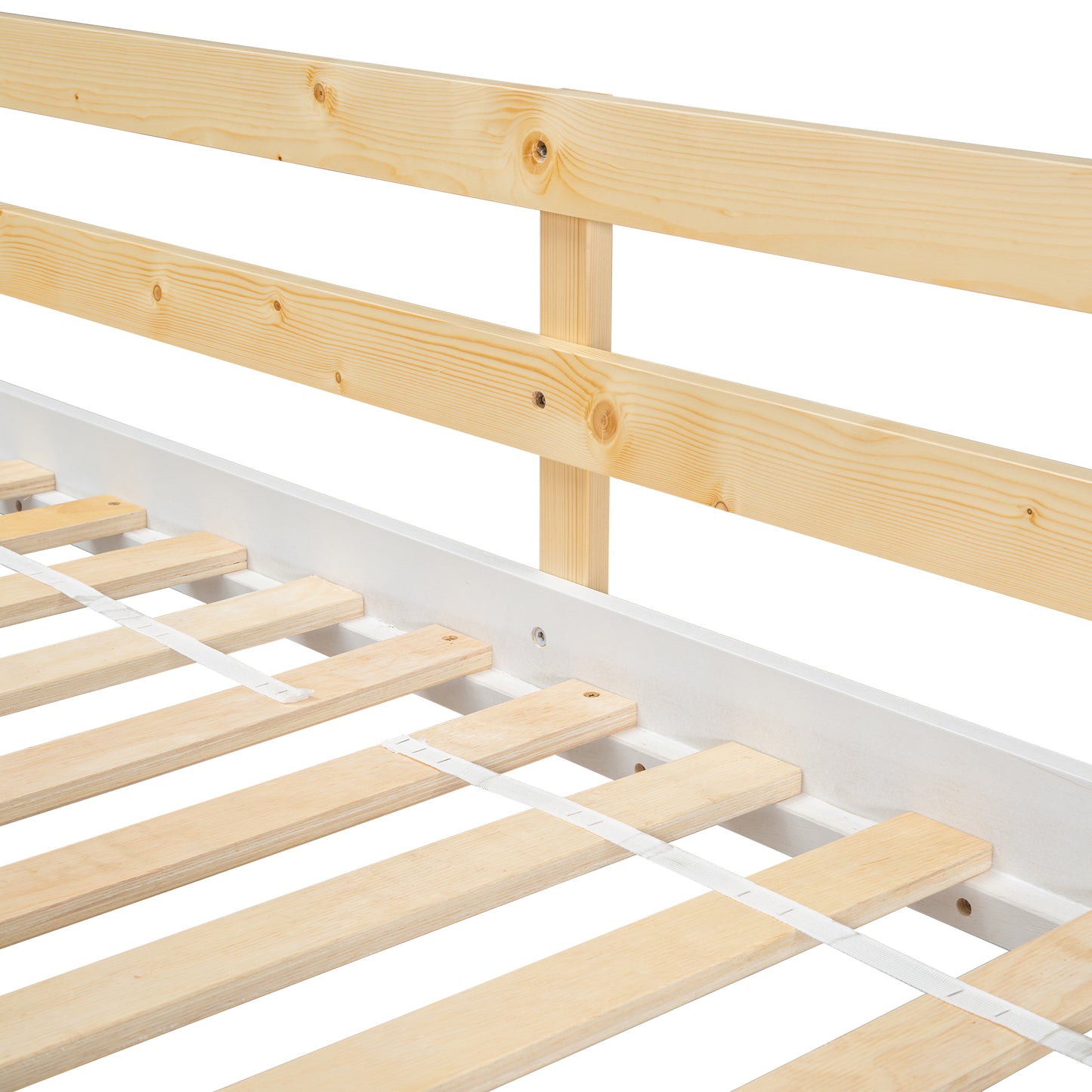 White wooden bed frame with slatted base