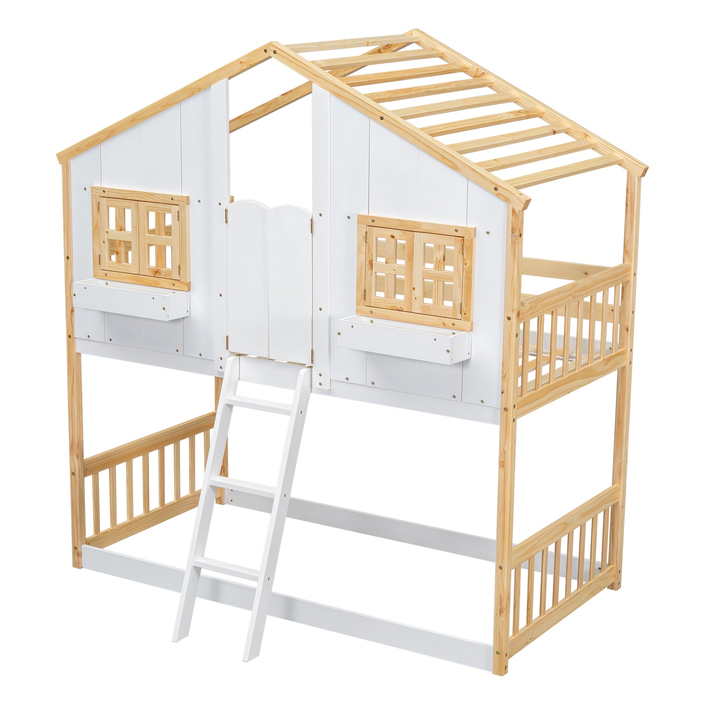 White and natural wood twin loft bed with houseshaped frame and ladder