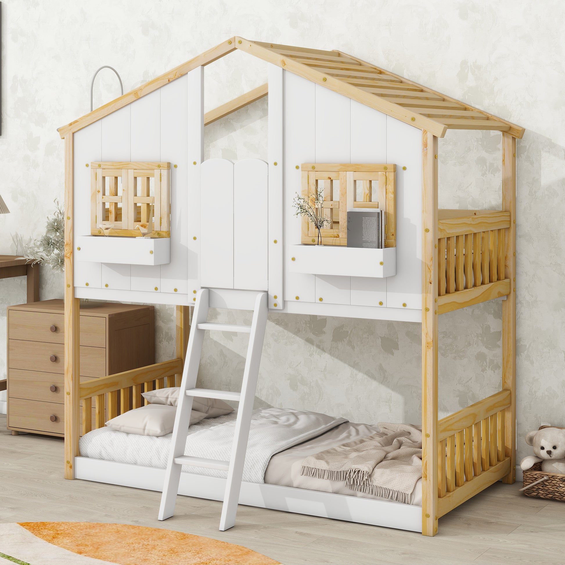 White and natural wood twin house bunk bed with ladder