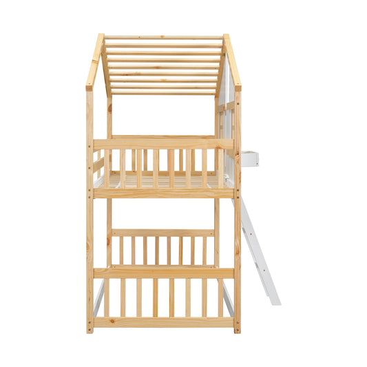 TREATLIFE HOME Twin Over Twin House Bunk Bed with Roof, Safety Guardrails and Ladder, Natural/White