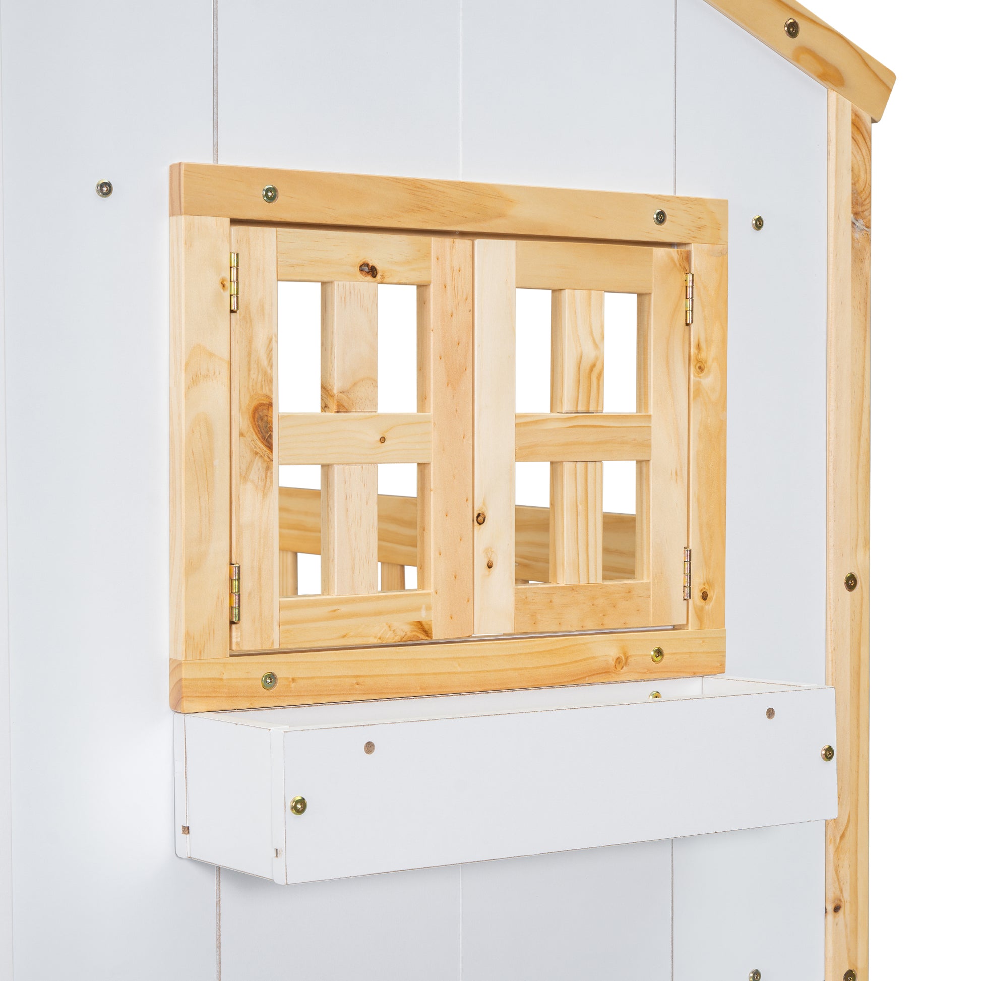 White playhouse with hinged wooden window and planter box